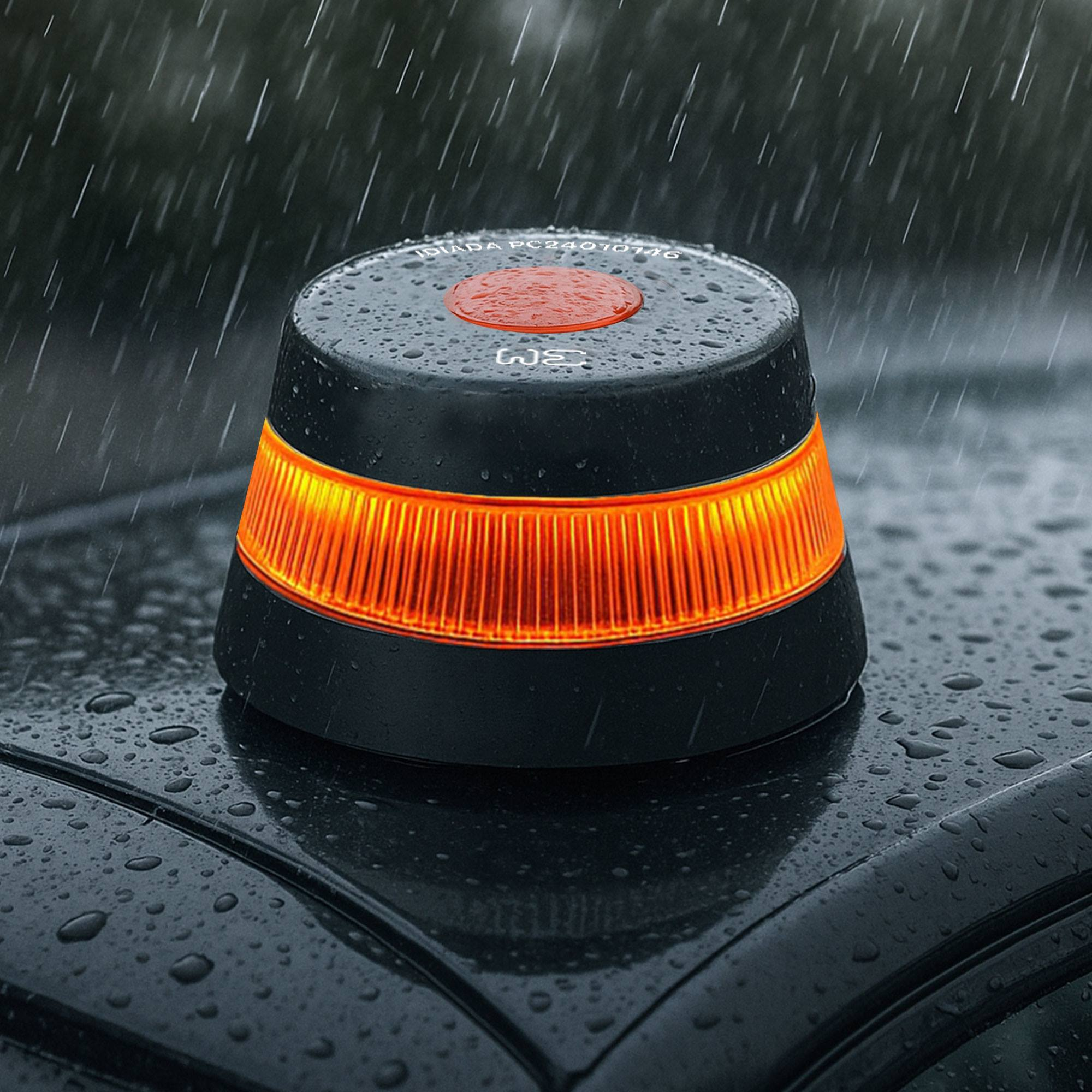 Una luz de emergencia negra sobre el techo de un coche, con luz naranja, bajo la lluvia. Un botón rojo en la parte superior.