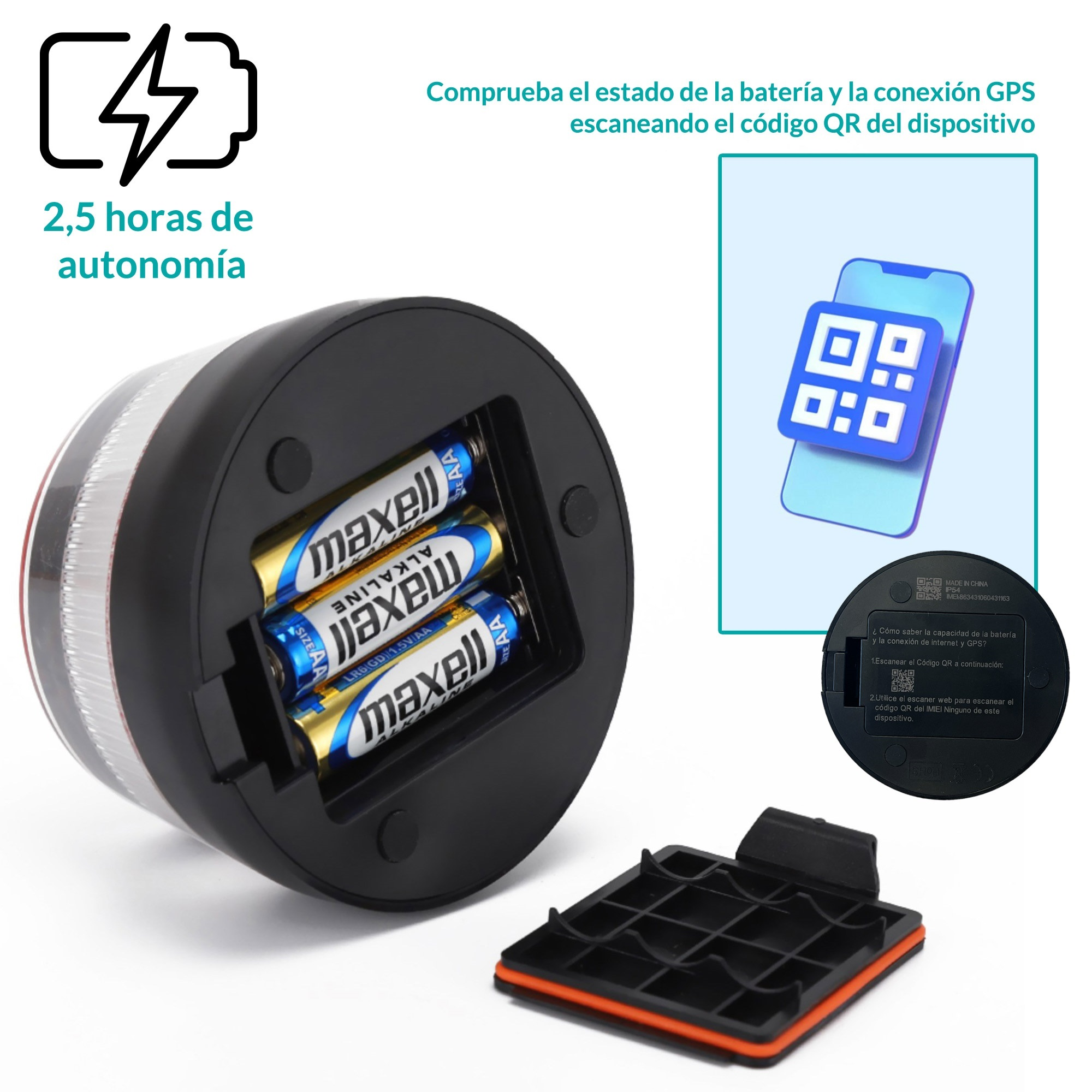 Un dispositivo con baterías, código QR y un icono de batería que indica 2,5 horas de autonomía.