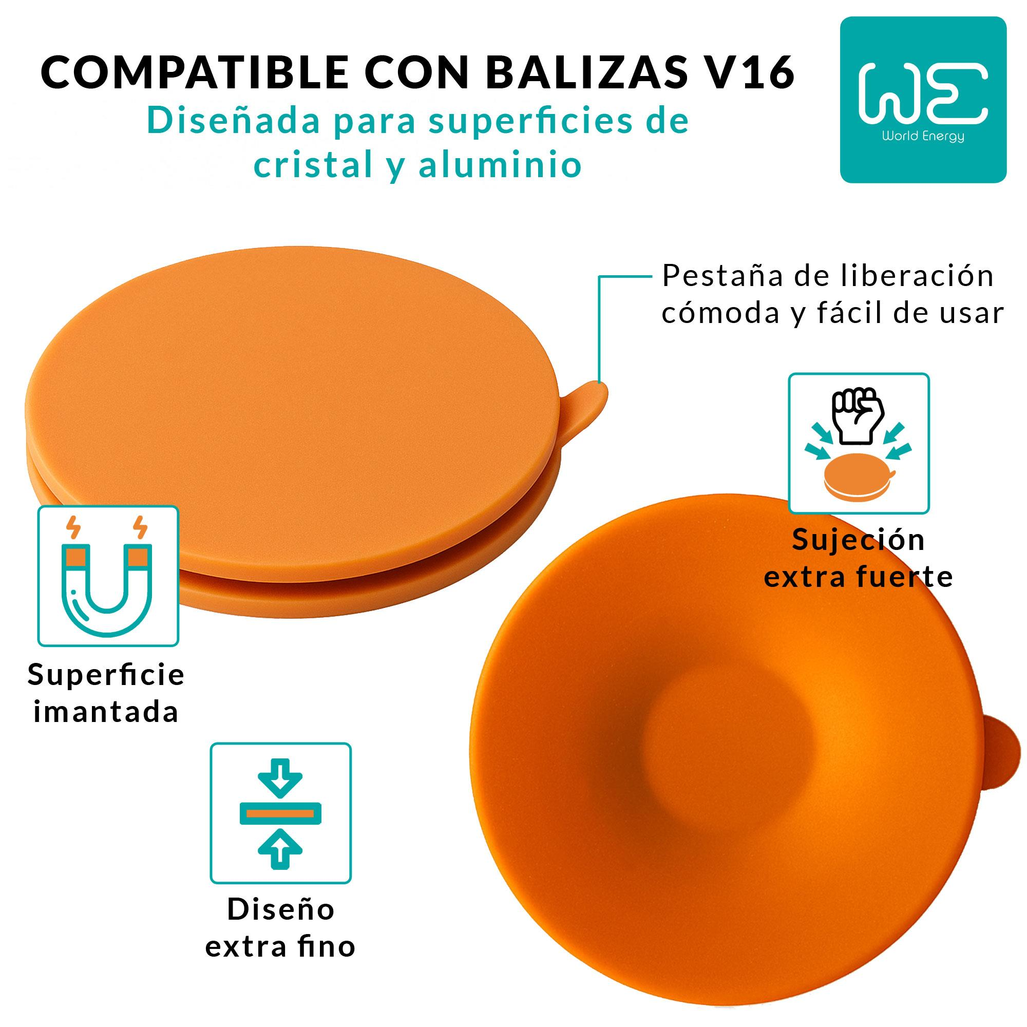 Ventosa naranja con agarre fuerte, lengüeta de liberación fácil y superficie magnética. El texto incluye compatibilidad y características de diseño.
