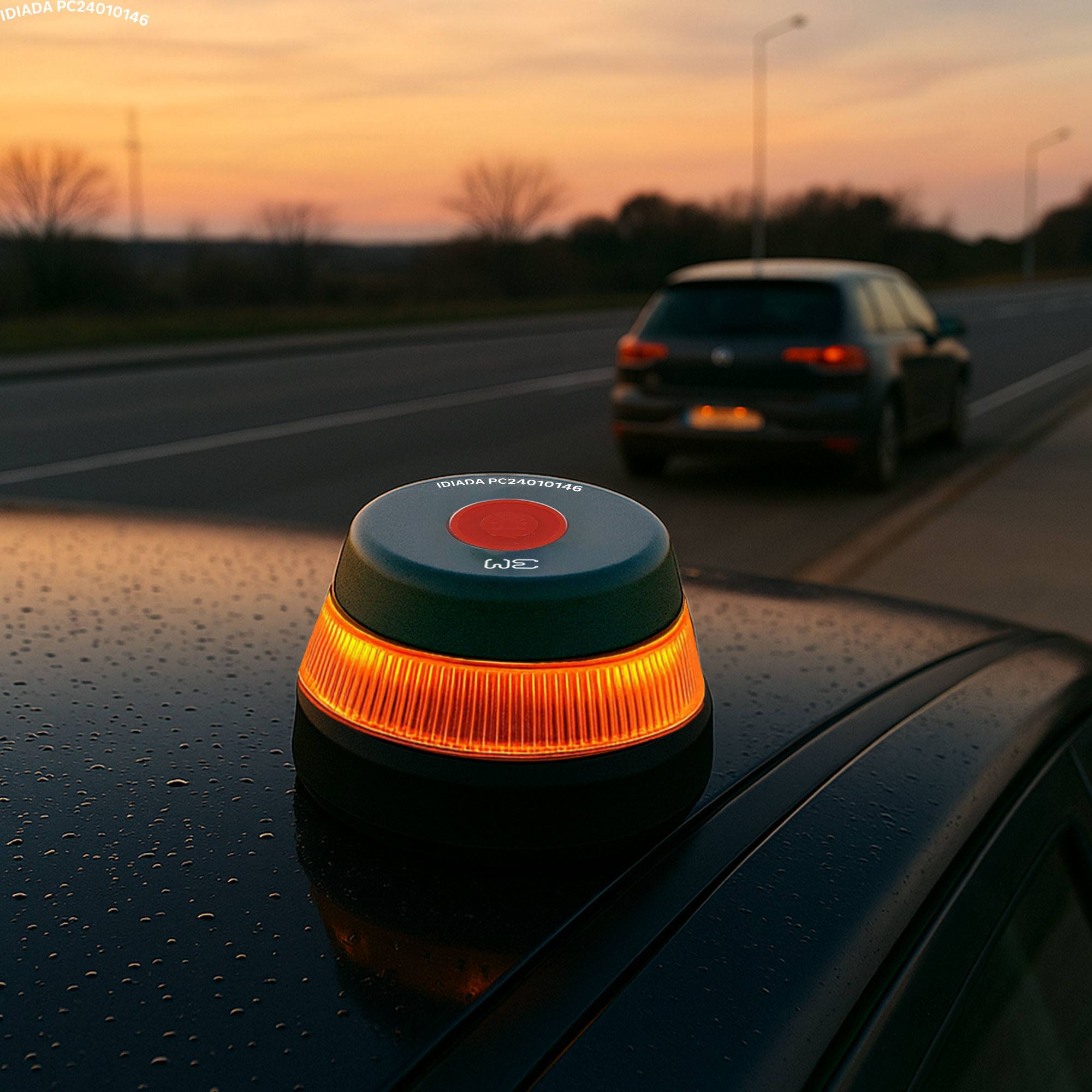 Un coche con una luz de advertencia naranja encima. Otro coche conduce en el fondo en una carretera al atardecer.