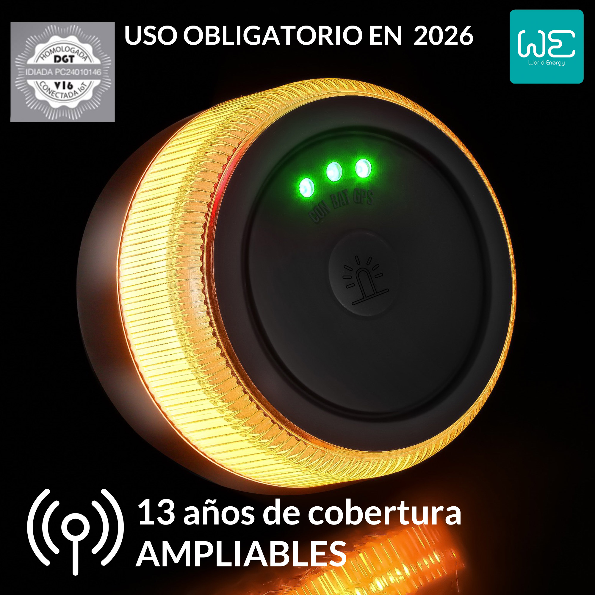 Dispositivo circular con luces verdes, texto y un logo sobre fondo oscuro. El dispositivo tiene un anillo amarillo.