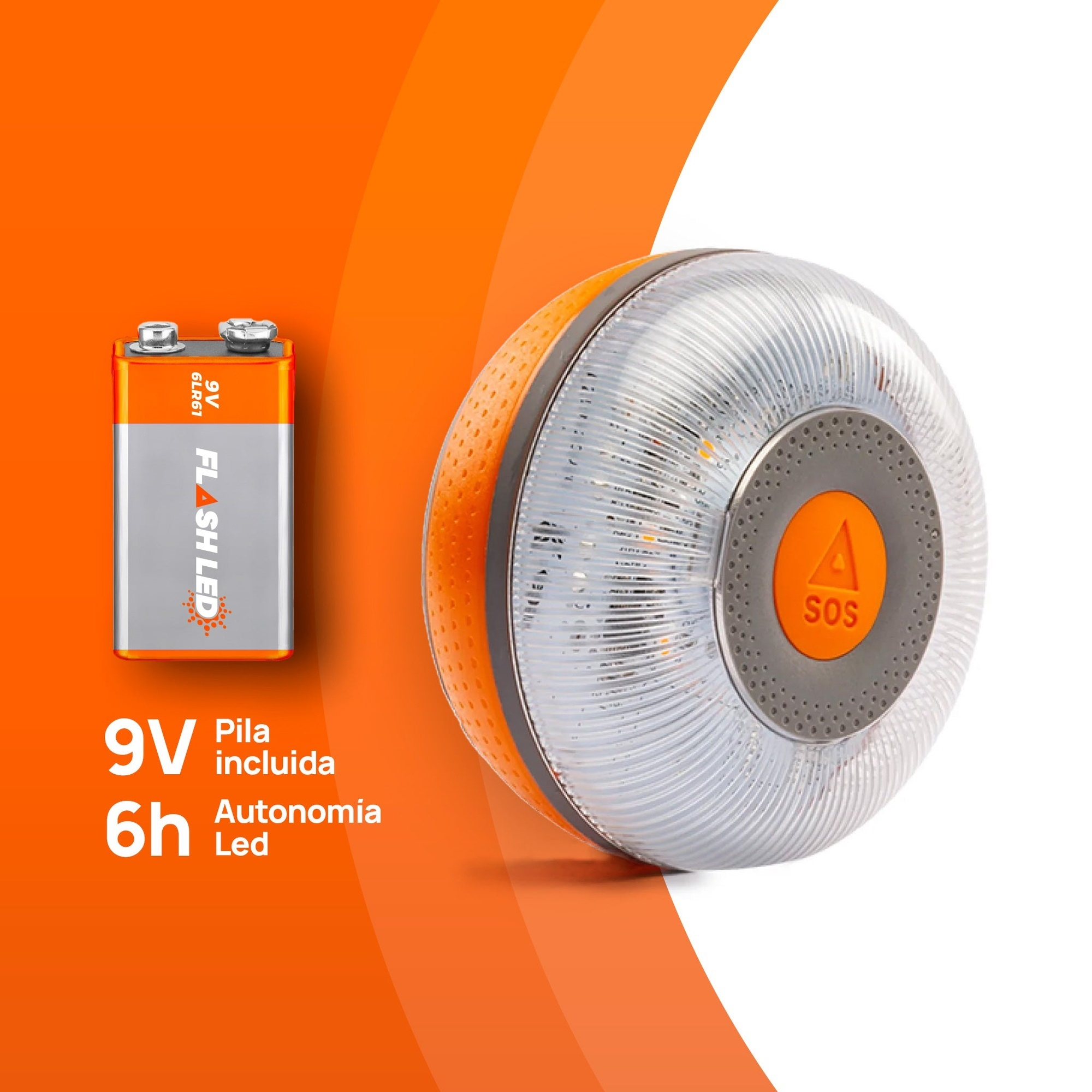 La imagen muestra una batería de 9 V y una luz redonda. La luz tiene un centro naranja con SOS, y la batería está etiquetada como Flash LED.