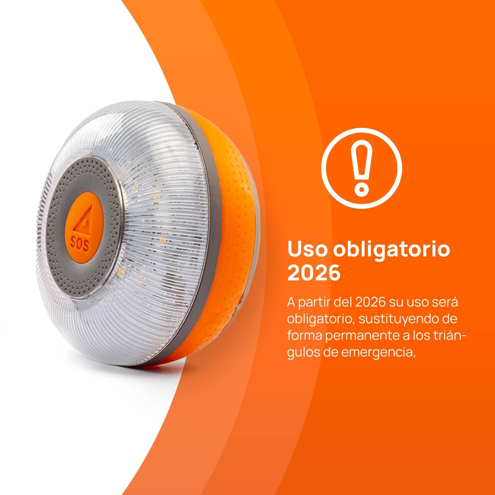 Una luz de emergencia naranja y gris. El texto dice que será obligatorio a partir de 2026, reemplazando los triángulos.