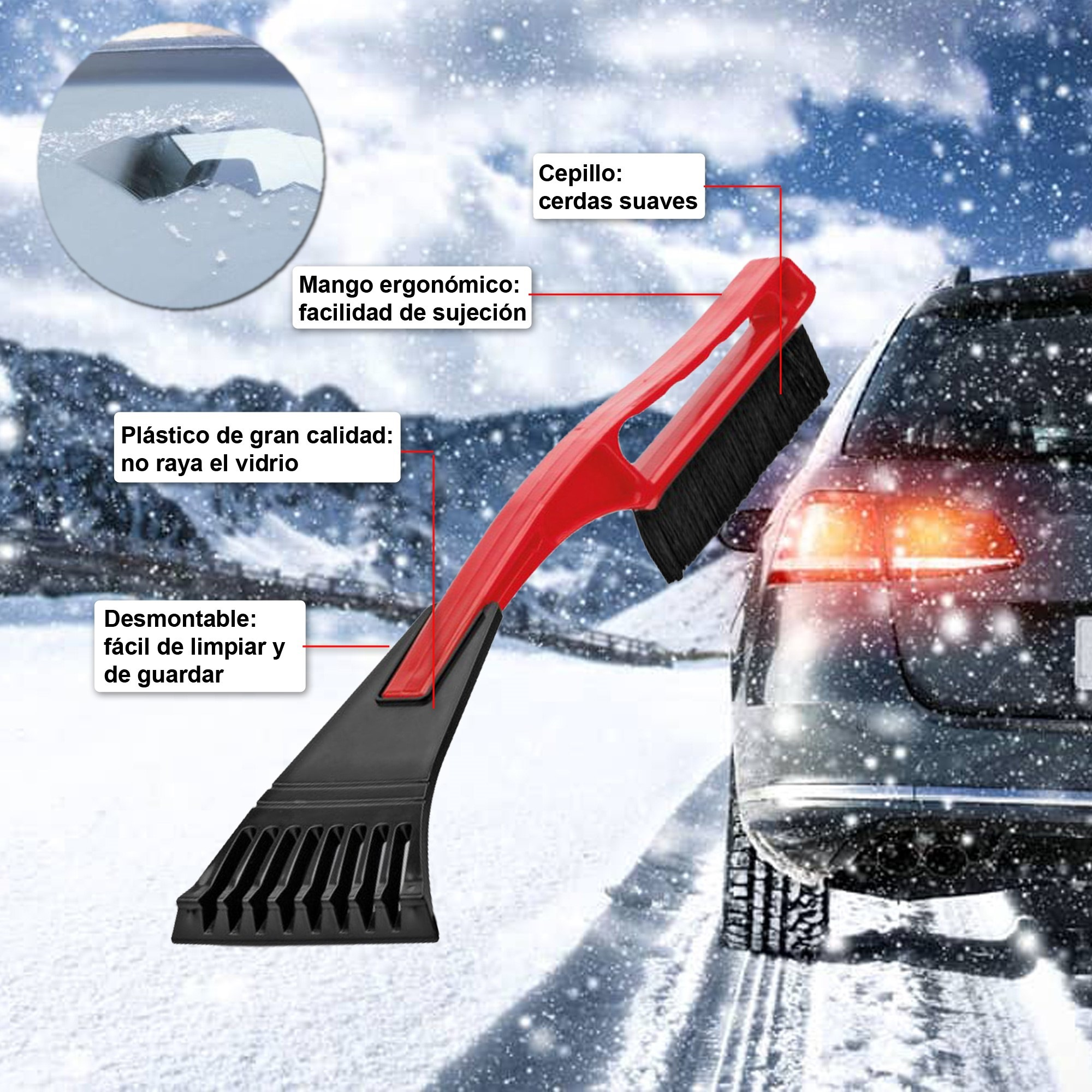 Se muestra un raspador de hielo rojo y negro con un cepillo. Un coche está en el fondo, con nieve cayendo. Hay etiquetas de texto.