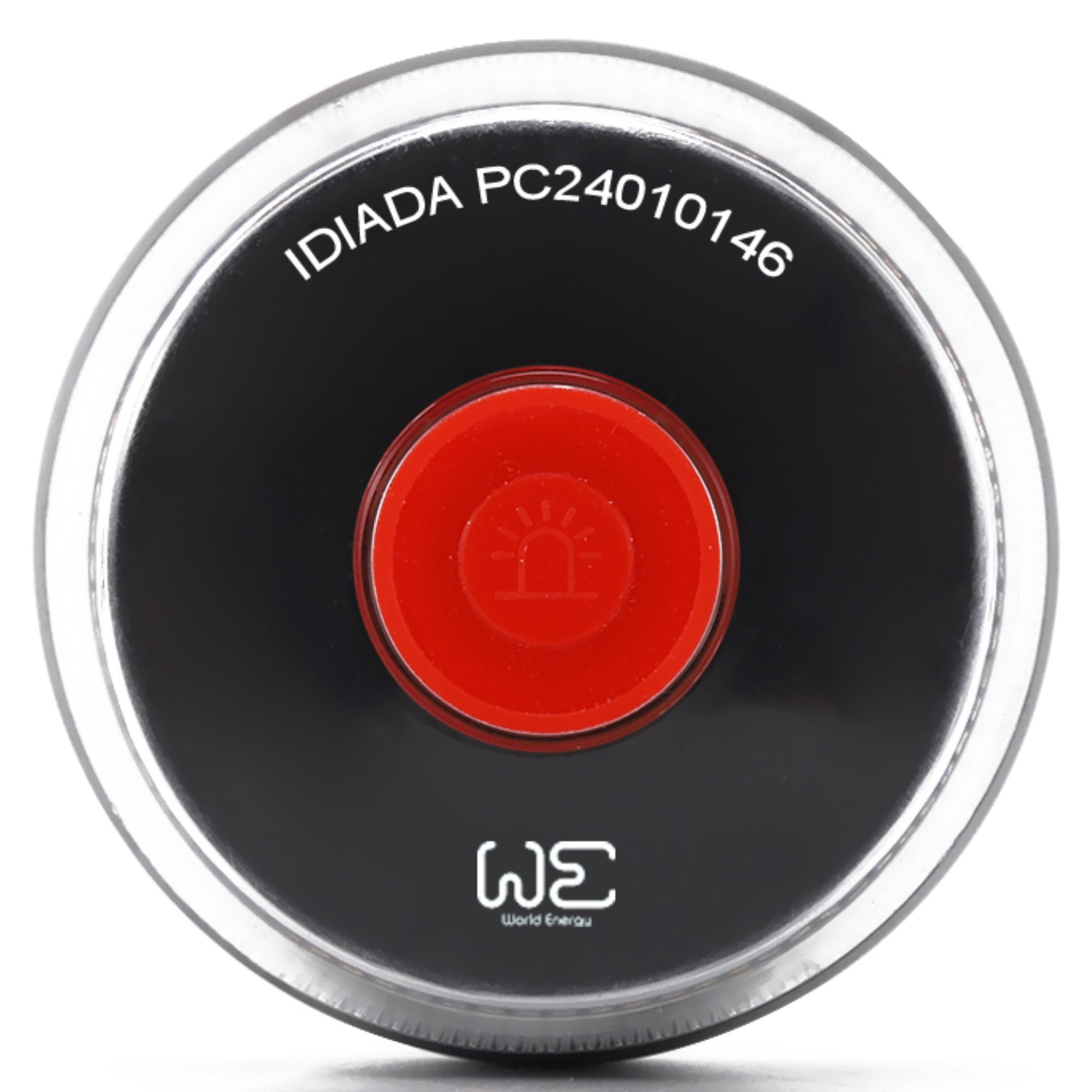 Un botón redondo negro y rojo con texto blanco y un símbolo de sirena. El botón está etiquetado con 'IDIADA PC24010146'.