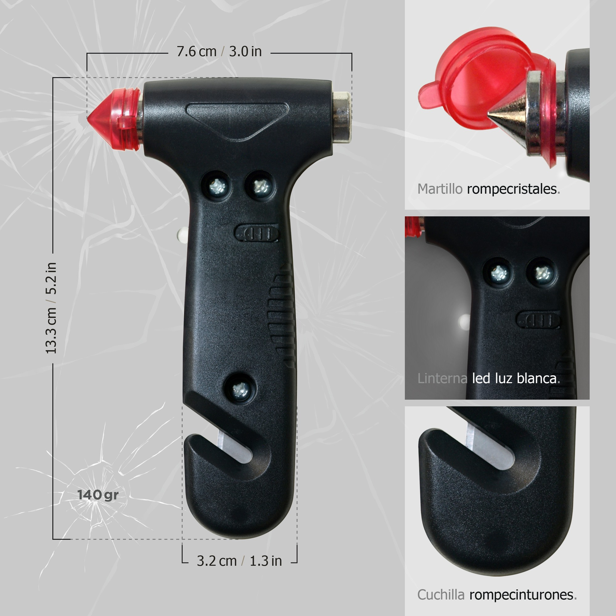 Una herramienta de escape para automóviles negra con detalles rojos, un rompe cristales, un cortador de cinturón y luz LED.