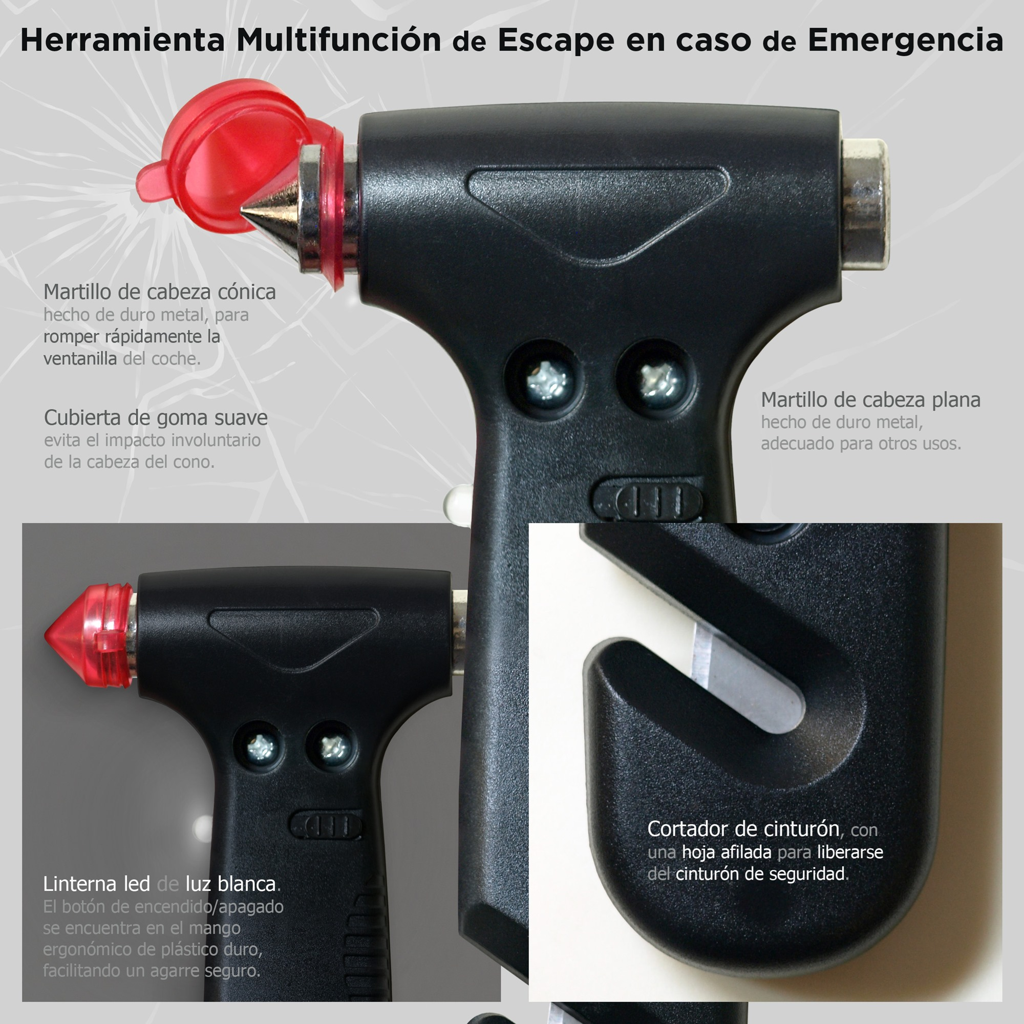 Herramienta de escape de emergencia. Incluye rompevidrios, cortador de cinturón y luz LED, todo en un mango ergonómico negro.