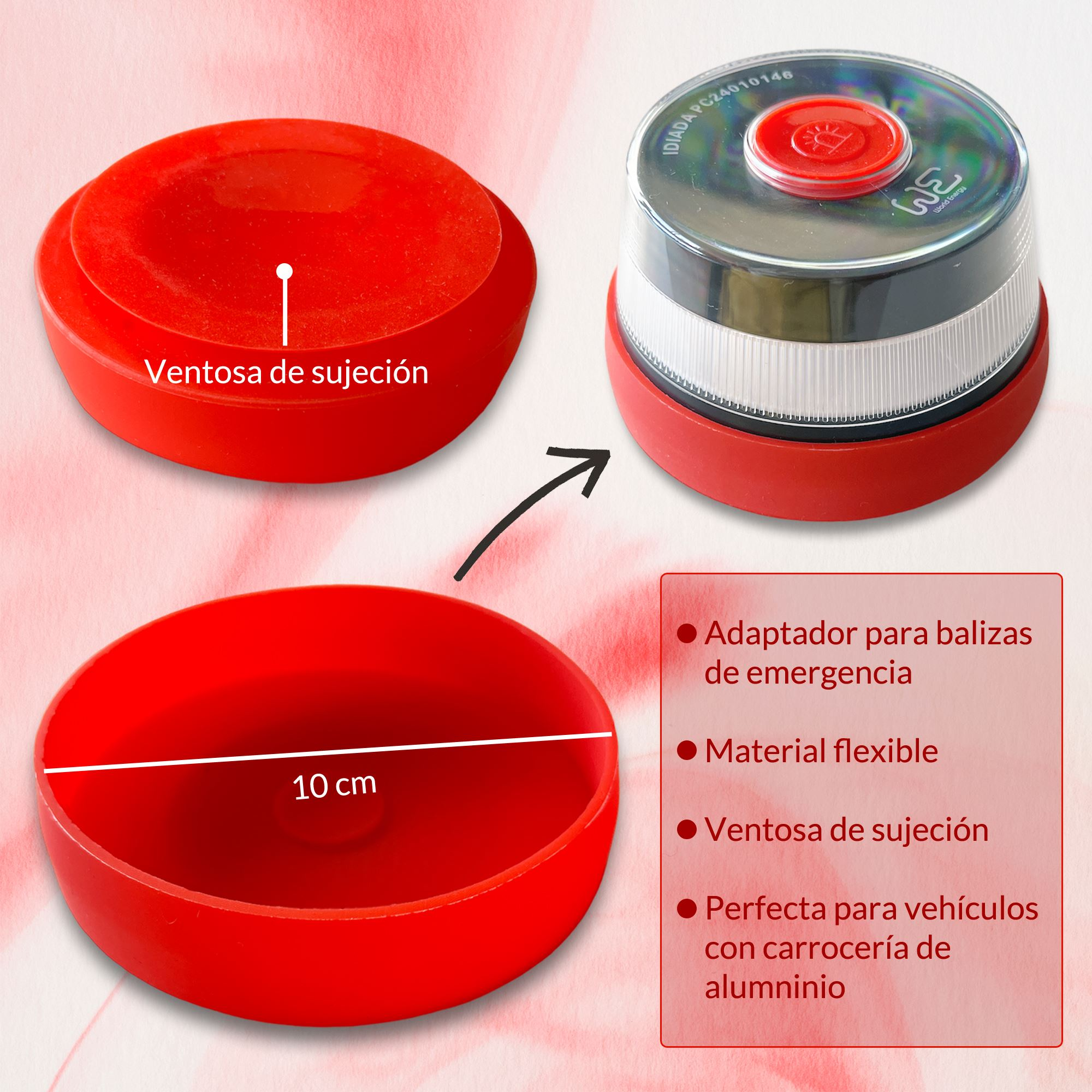 La imagen muestra una luz de emergencia roja con ventosa. Incluye una base roja, material flexible y es perfecta para vehículos de aluminio.