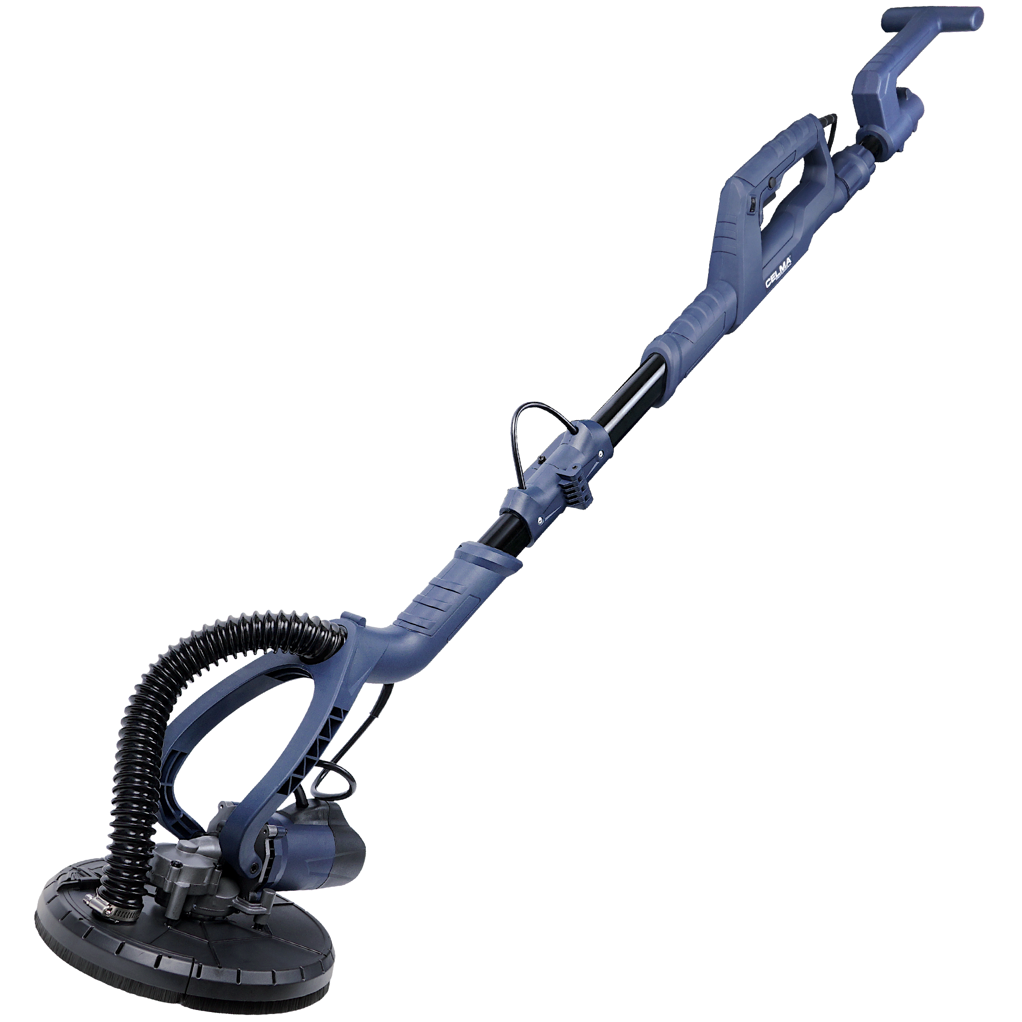 Niebiesko-czarna szlifierka do płyt kartonowo-gipsowych widoczna na białym tle. Ma długi uchwyt i okrągłą nakładkę szlifierską.