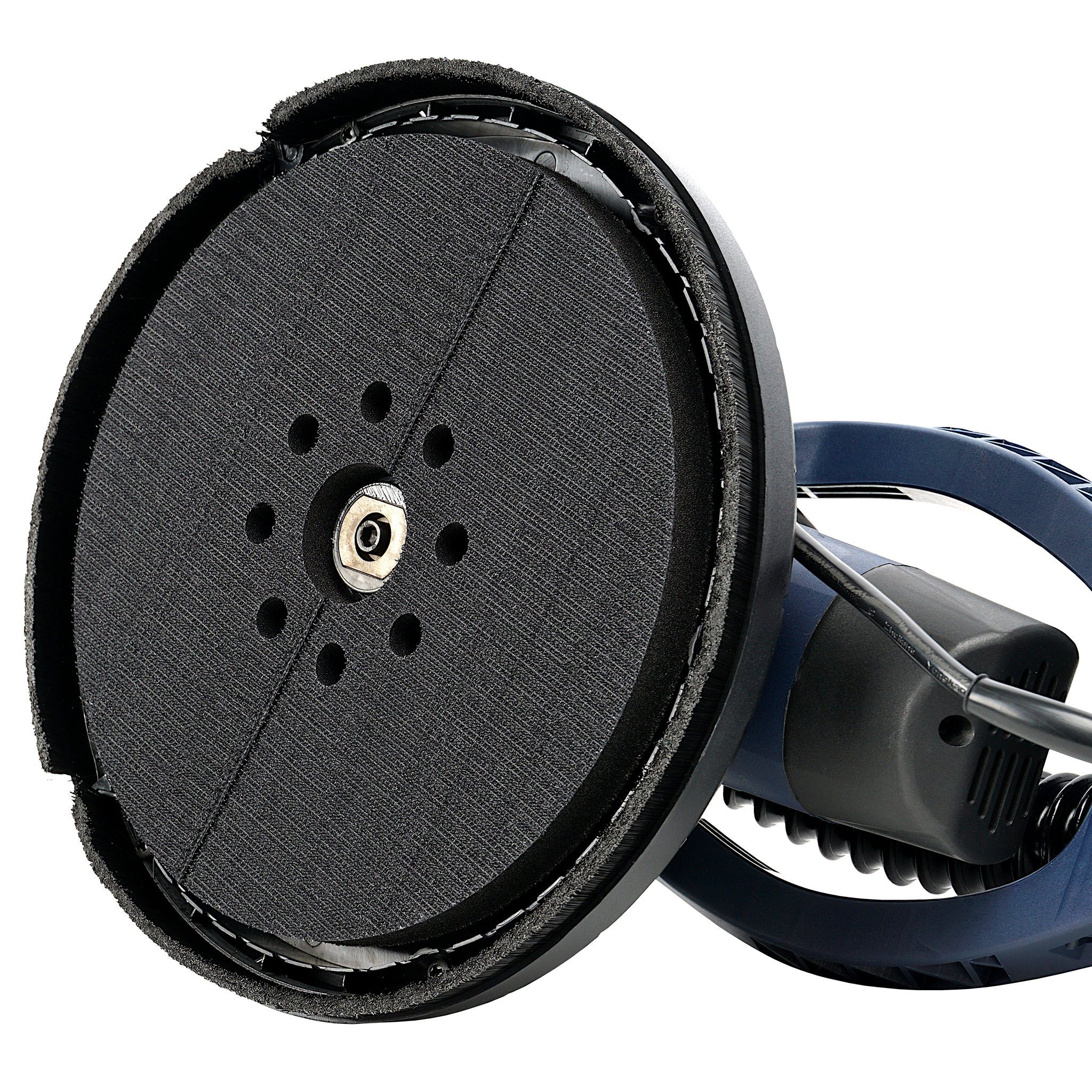 Zbliżenie szlifierki. Posiada czarną tarczę szlifierską i niebieski uchwyt.