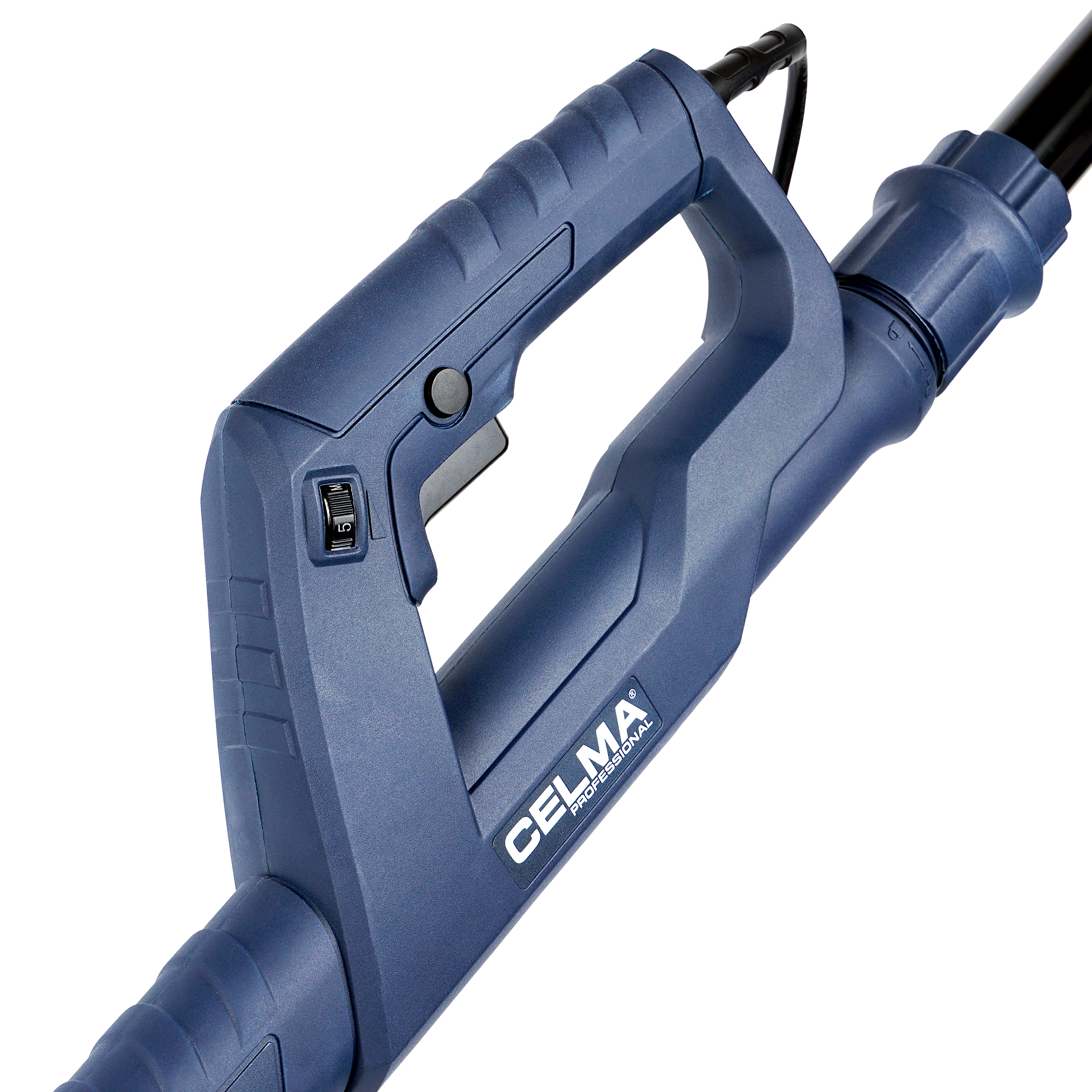 Niebieskie elektronarzędzie, prawdopodobnie opalarka, na białym tle z czarno-białym cieniem.