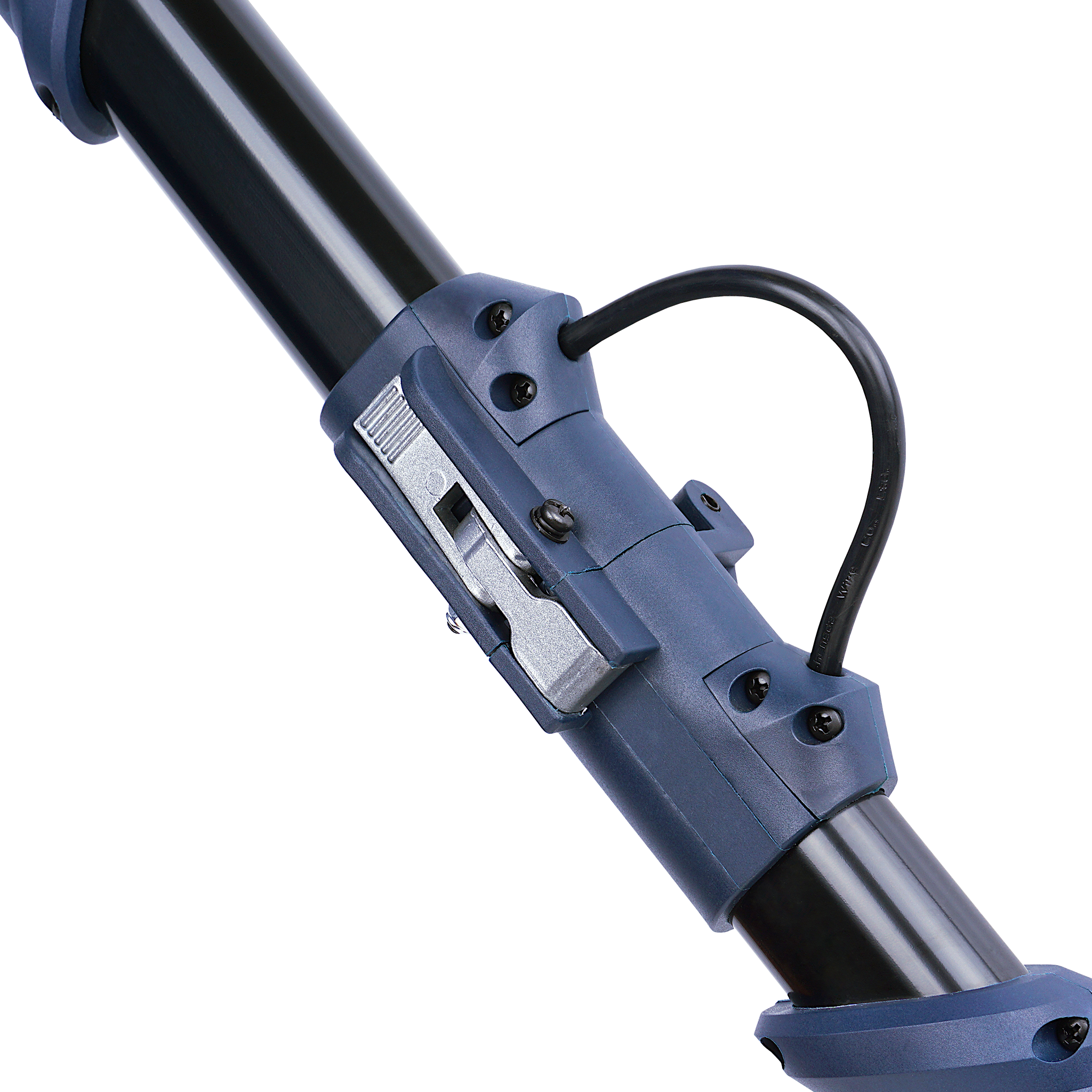 Zbliżenie narzędzia z ciemnoniebieską plastikową obudową, czarną rurką i srebrną metalową dźwignią.