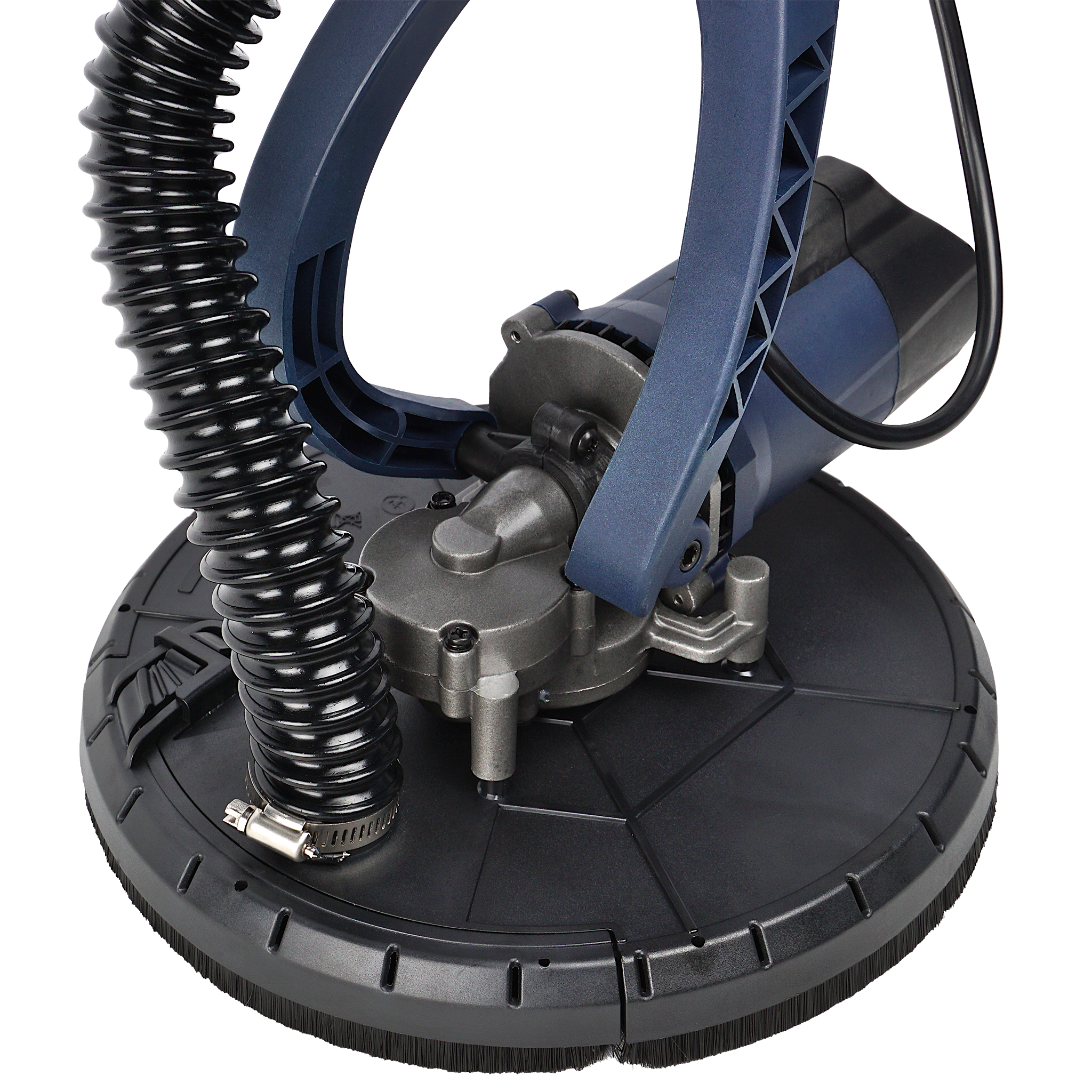 Szlifierka do płyt gipsowo-kartonowych z czarną podstawą i wężem. Niebieska rama podtrzymuje silnik. Szlifierka na białym tle.