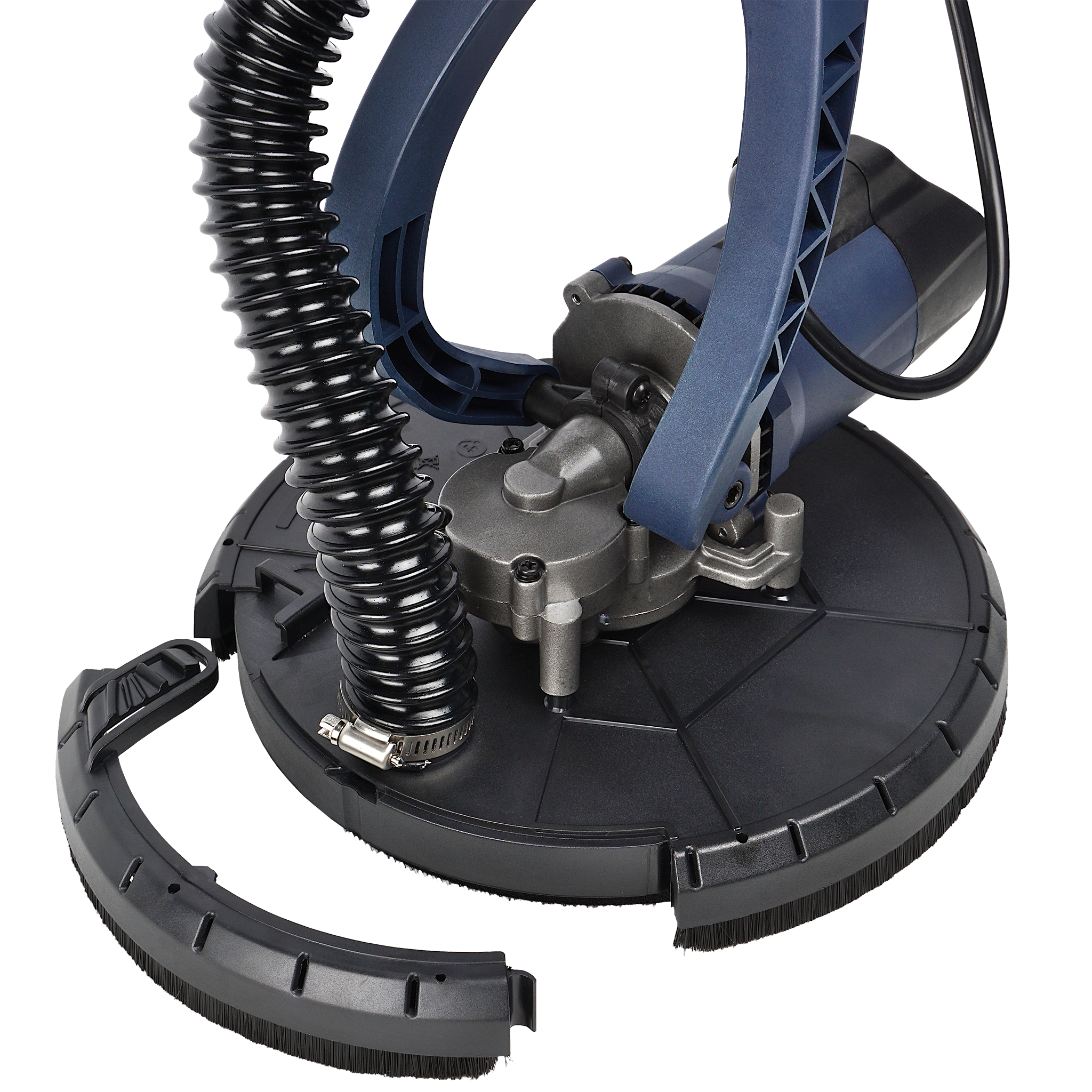 Szlifierka tarczowa z czarnym wężem i niebieską ramą. Tarcza szlifierska ma wokół szczotkę.