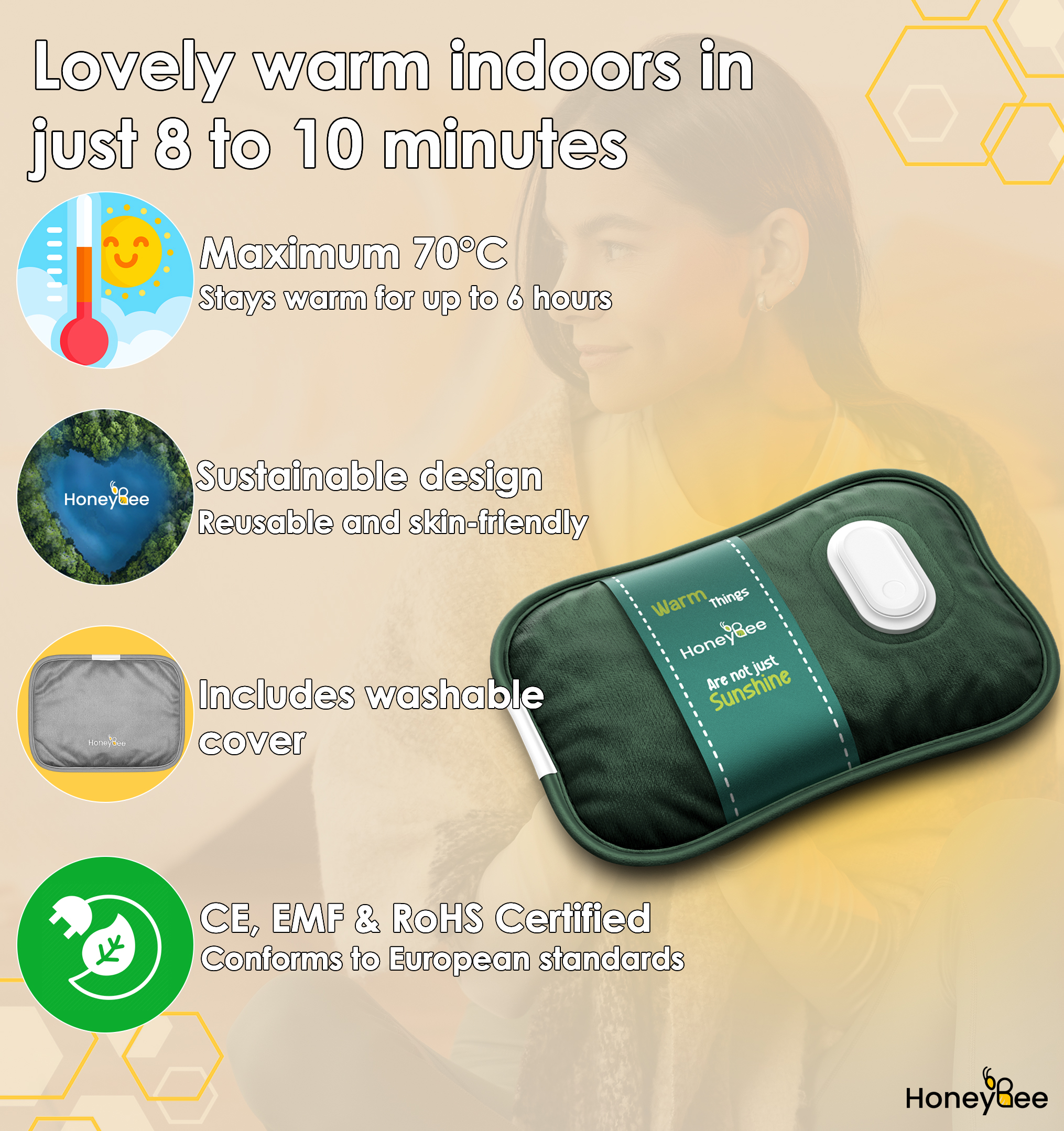 Image features a woman, a green heat pack, and information about the product's features and certifications.