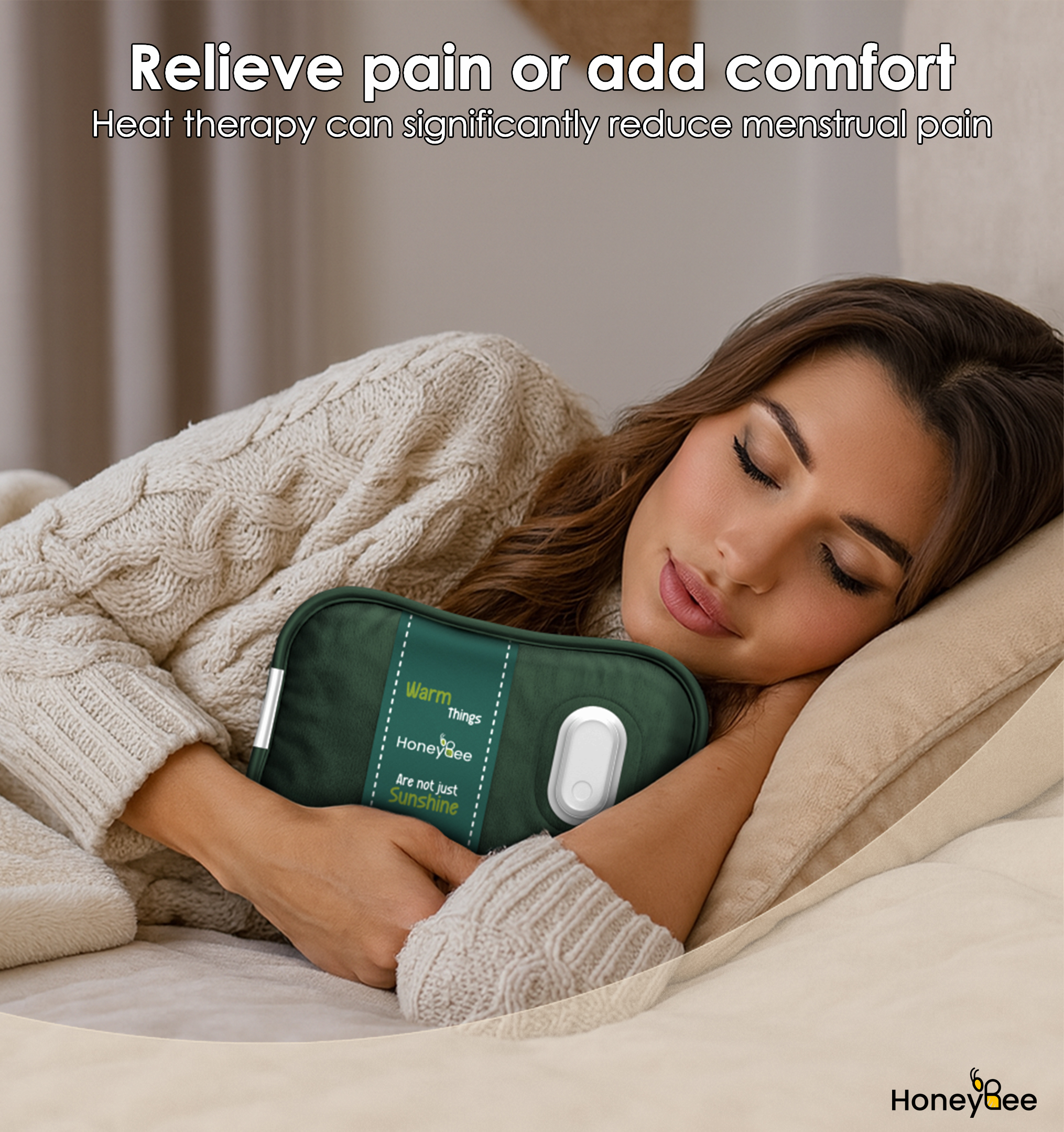 Woman in bed holding a green heating pad. Text says: Relieve pain or add comfort.