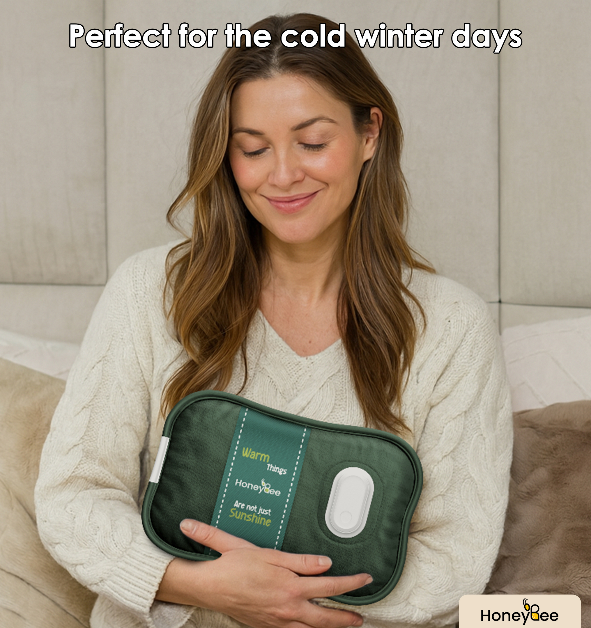 A woman holds a green heating pad. Text says, "Perfect for the cold winter days." The brand is Honeybee.