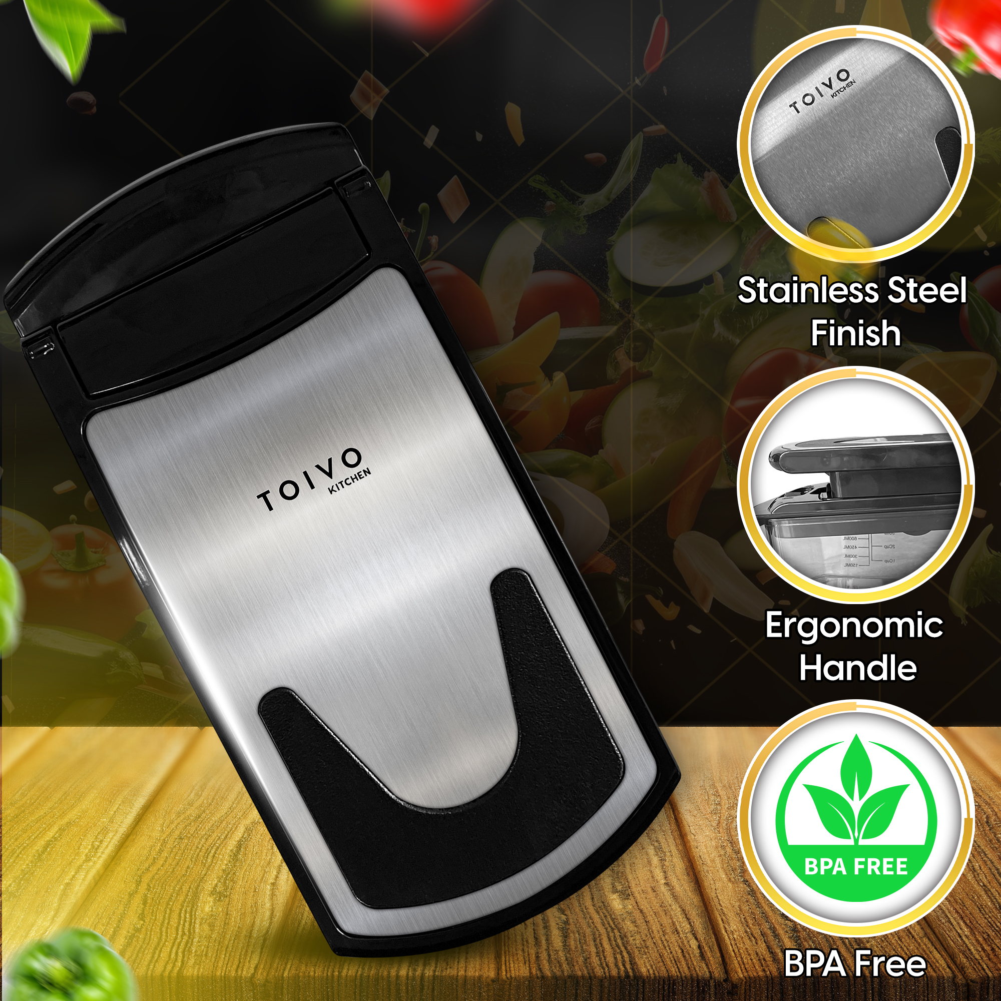 A kitchen tool with a stainless steel finish and an ergonomic handle, BPA-free. The background shows vegetables.