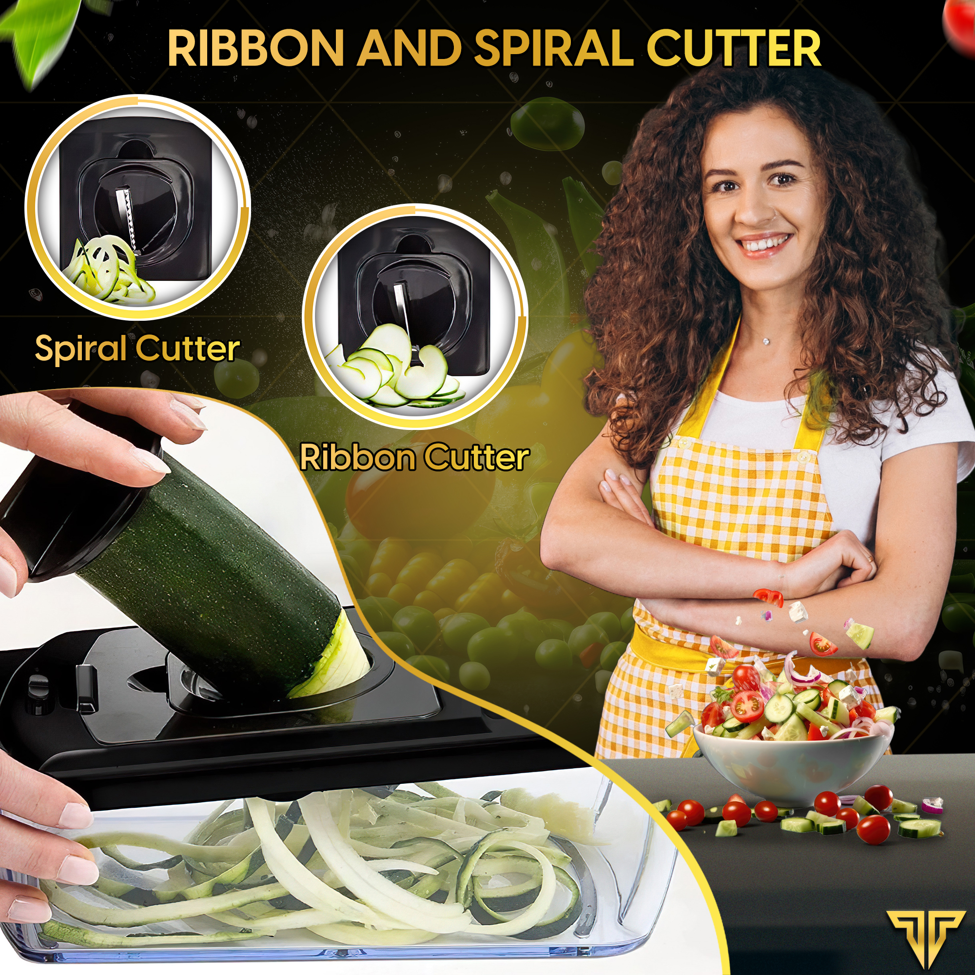 Image shows a spiral cutter, ribbon cutter, and a woman. Zucchini is being cut, salad is on the table. Black and yellow colors.