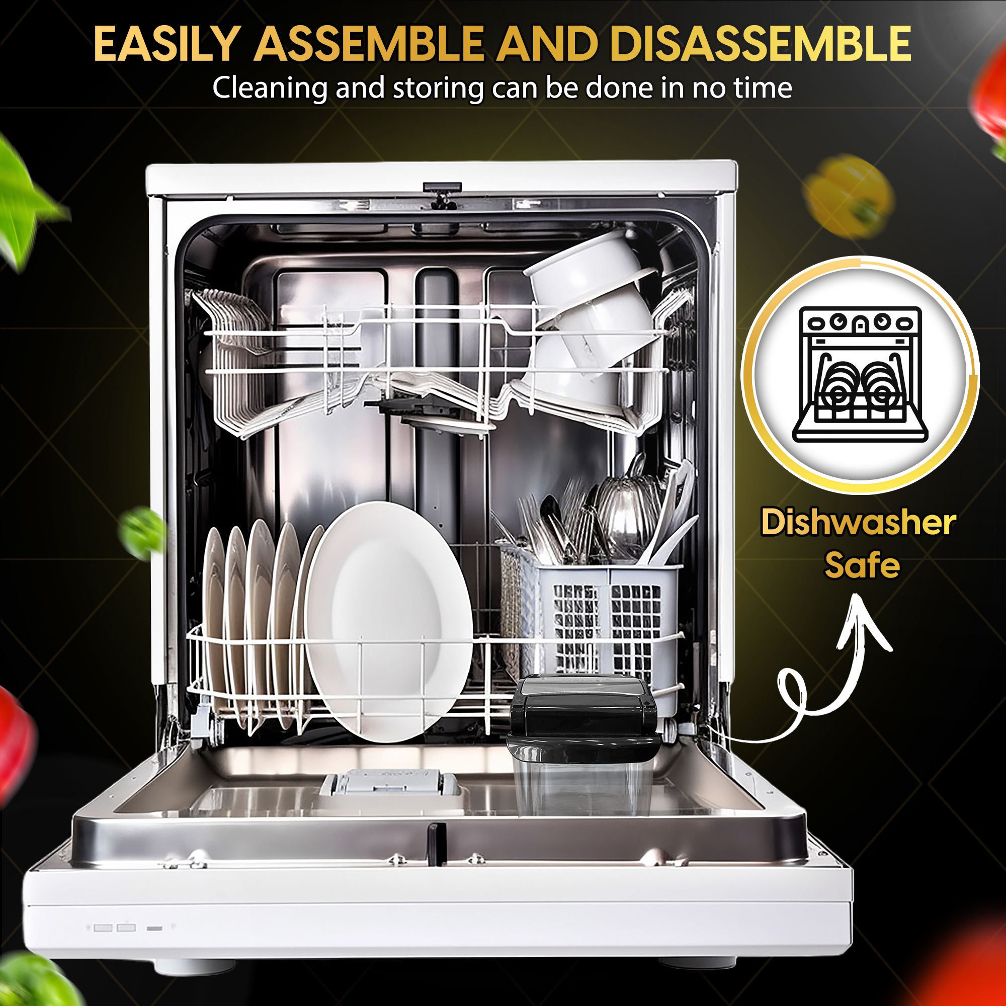 A dishwasher is open, loaded with dishes and cutlery. Text says: Easily assemble and disassemble, dishwasher safe.