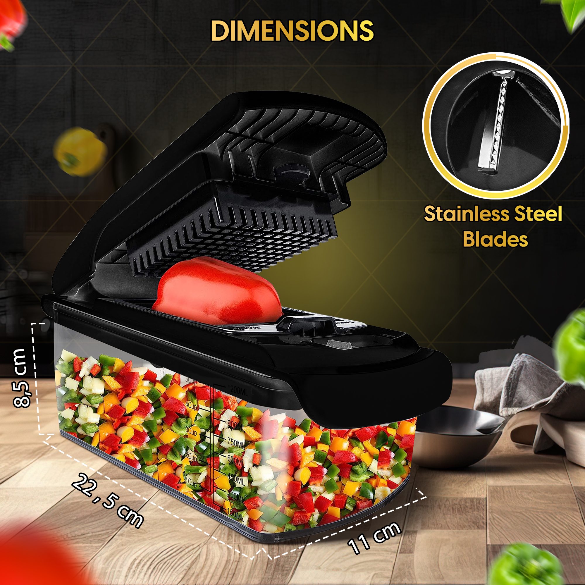 Black vegetable chopper with red pepper on top. Chopped vegetables in container. Stainless steel blades. Dimensions are shown.