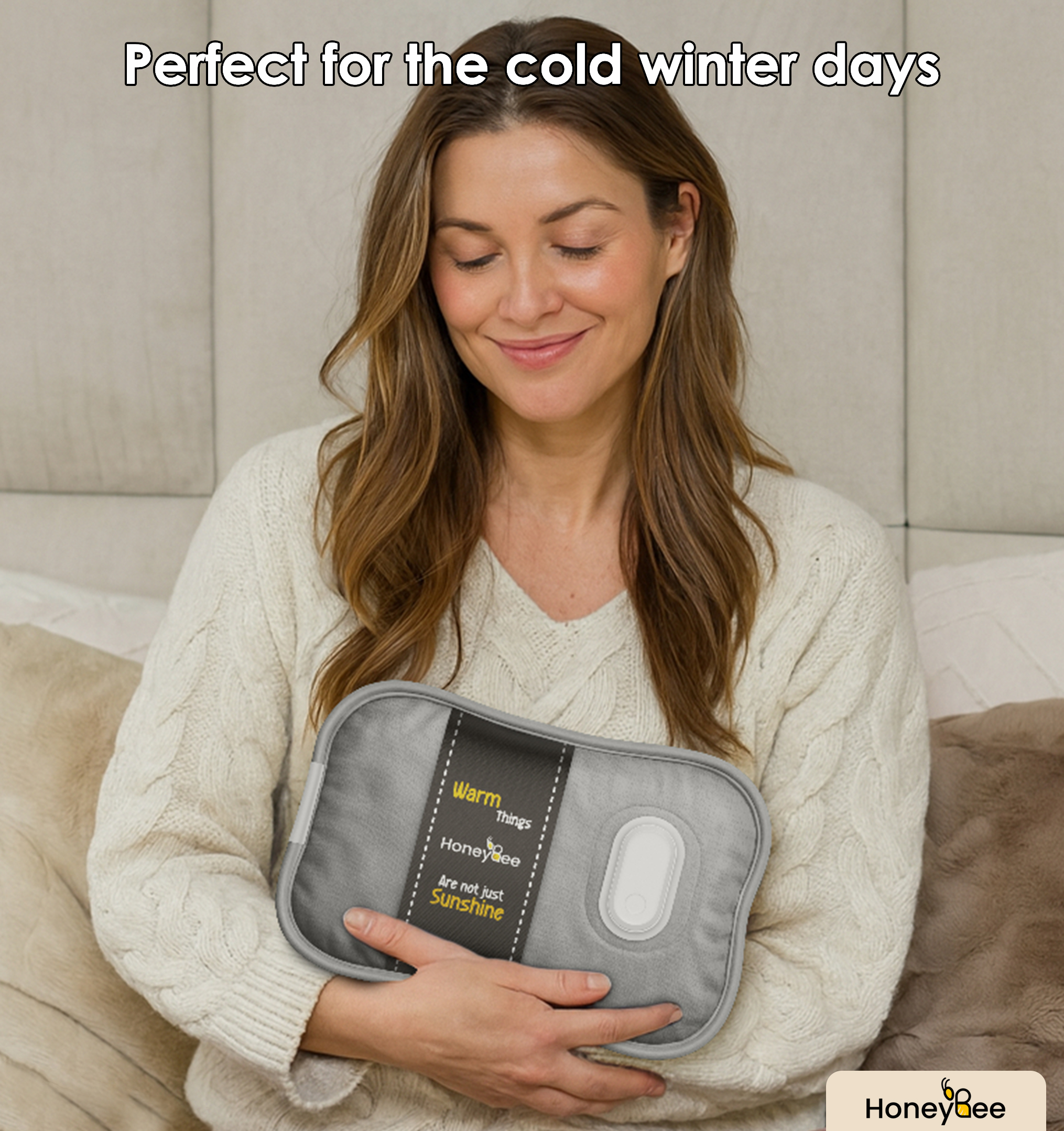 A woman holds a gray heating pad. Text above says, 'Perfect for the cold winter days'.