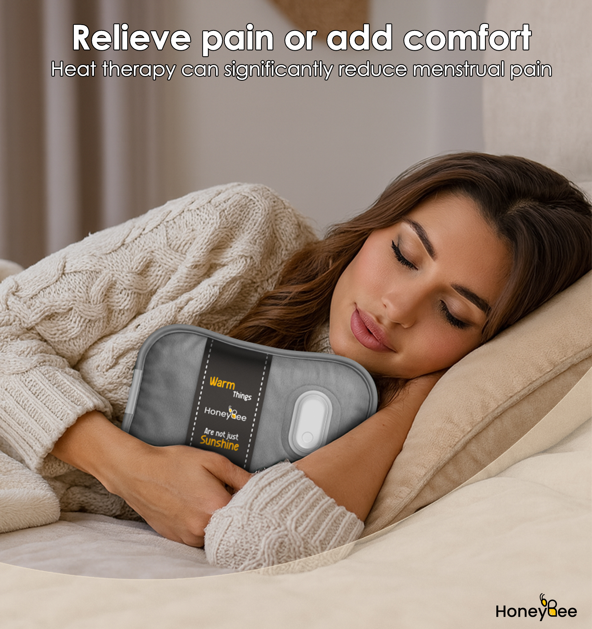 Woman lying down, holding a gray heating pad. Text at the top says, 'Relieve pain or add comfort'.