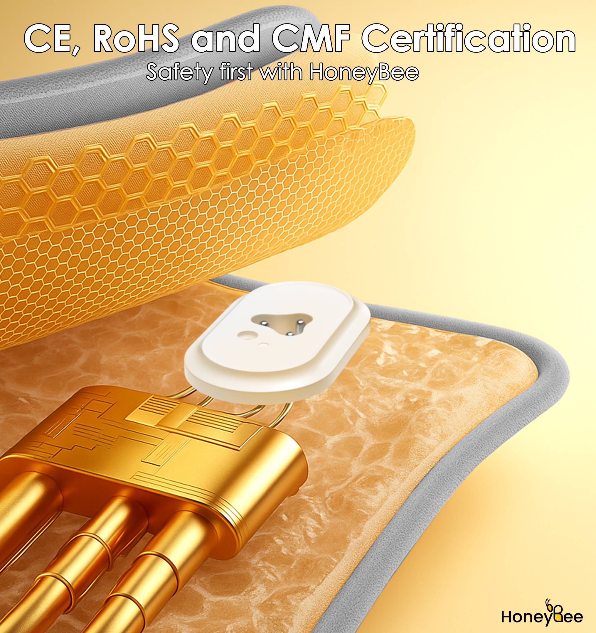 Image shows a gold-colored device with a white component. The background is yellow, with the HoneyBee logo in the bottom right.