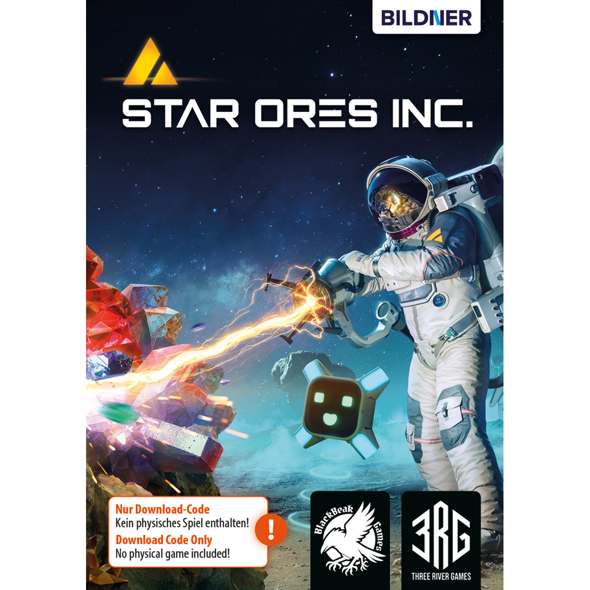 Astronaut im Weltraum mit Laserstrahl. Spielcover: Star Ores Inc. mit Logo und Text. Weltraumhintergrund.