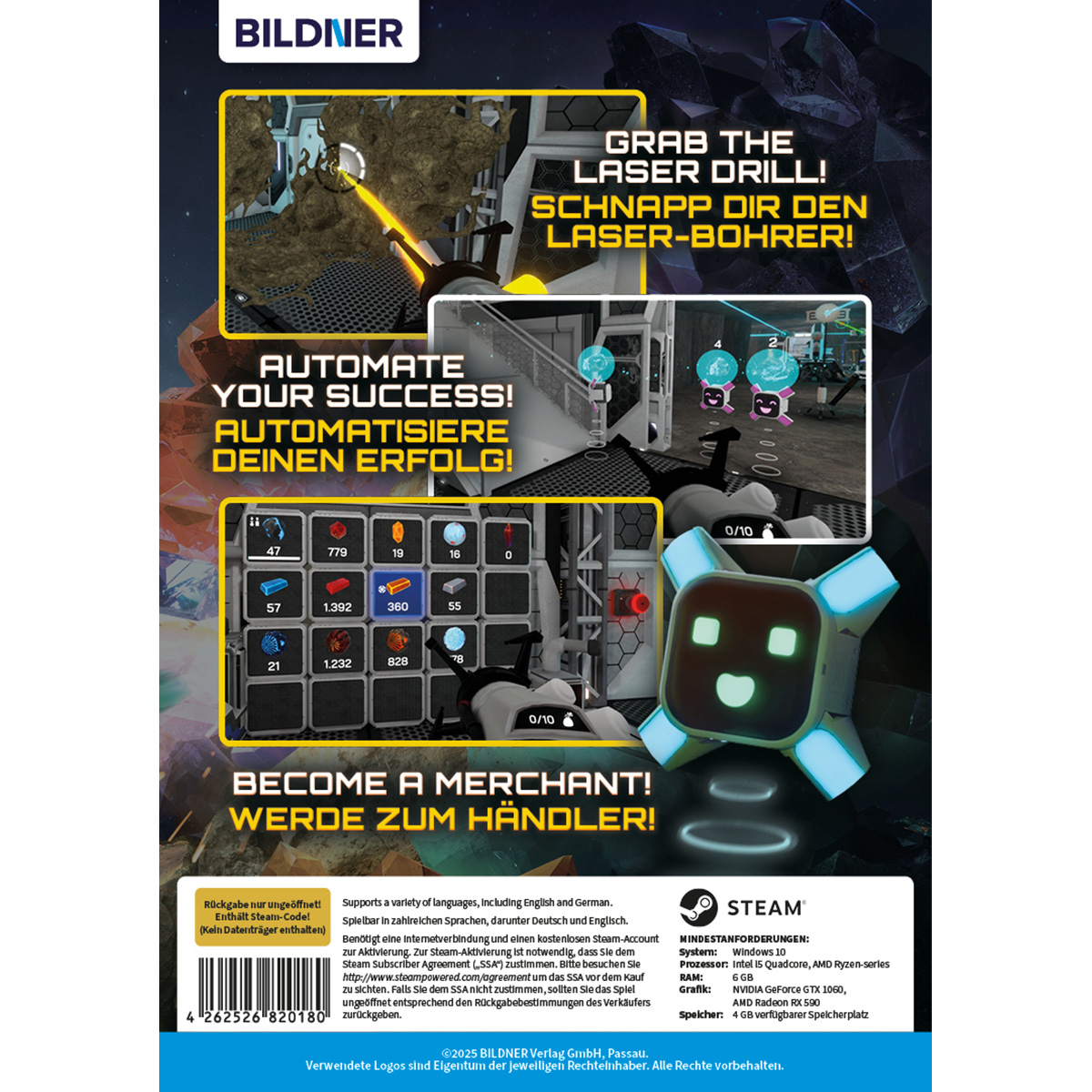 Spiel-Box-Art mit Roboter, Laserbohrer und Spielelementen. Text enthält 'Automate Your Success!' und 'Become a Merchant!'
