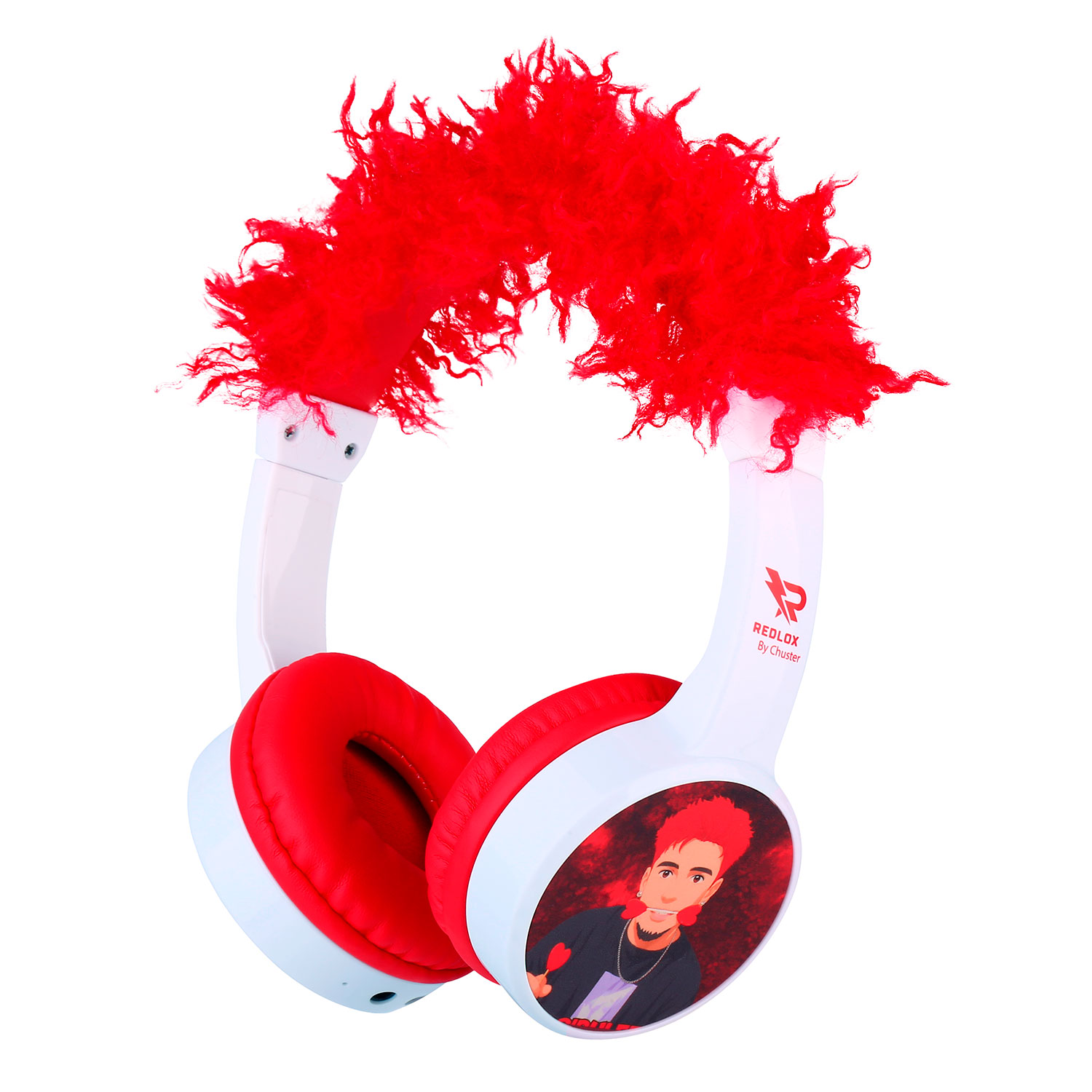 Cuffie bianche con padiglioni rossi e finiture rosse soffici. Presentano un'immagine cartoon e il marchio 'REDLOX by Chuster'.