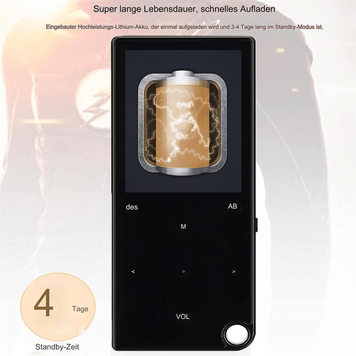 Ein schwarzer MP3-Player mit einem Akkusymbol auf dem Bildschirm. Es zeigt '4 Tage Standby'. Text auf Deutsch ist ebenfalls vorhanden.