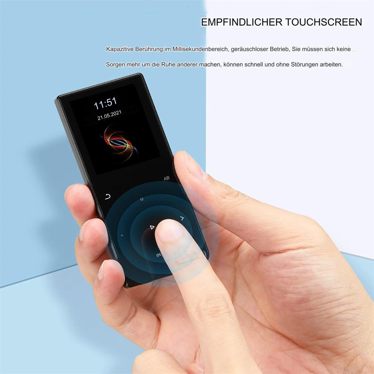 Eine Hand, die einen schwarzen MP3-Player hält. Der Bildschirm zeigt Uhrzeit und Datum an. Finger berührt den Bildschirm, mit Menüsymbolen.