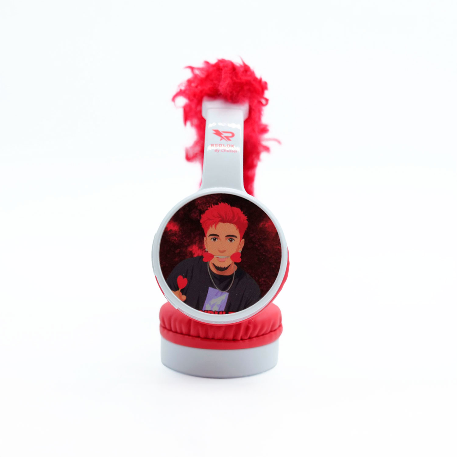 Cuffie rosse e bianche con l'immagine di un uomo dei cartoni animati. Capelli rossi e accenti, su sfondo bianco.