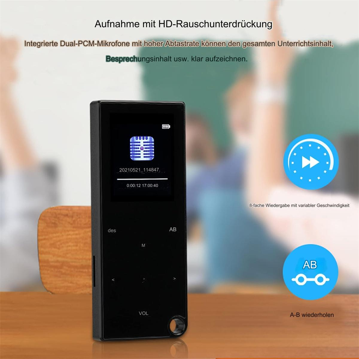 Ein schwarzer Audioplayer auf einer Holzoberfläche mit einem Bildschirm, der ein Mikrofonsymbol und Wiedergabesteuerungen zeigt.