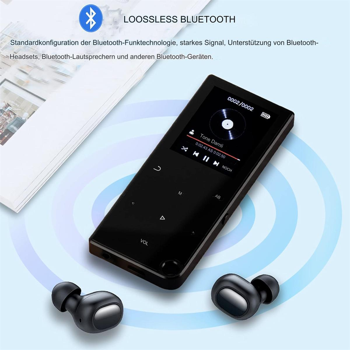 Ein schwarzer Musikplayer mit Ohrhörern. Der Bildschirm zeigt einen laufenden Song. Ein Bluetooth-Logo ist oben links.