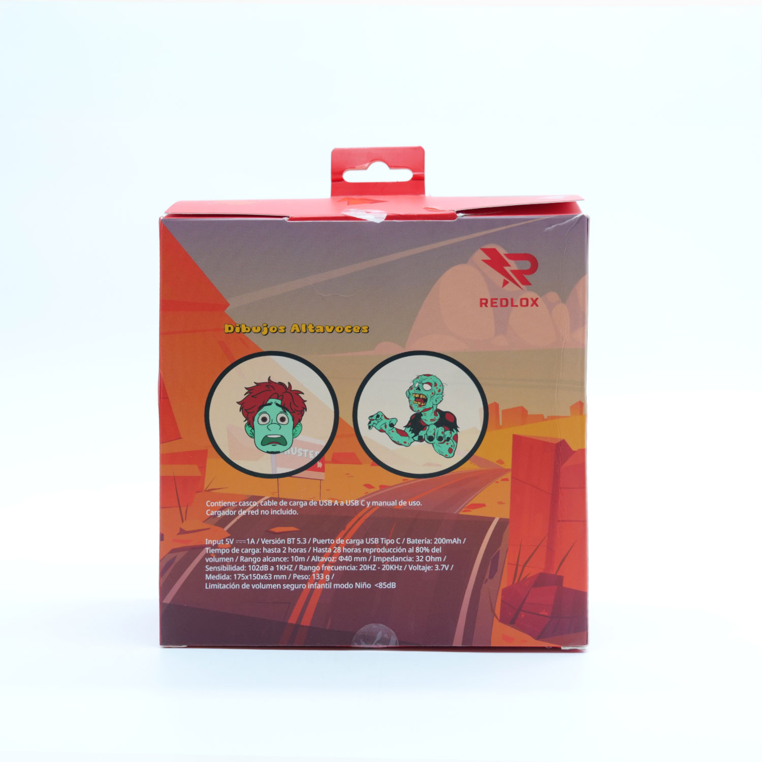 Una scatola rossa e arancione con immagini di cartoni animati. Presenta il marchio REDLOX e i dettagli del prodotto.