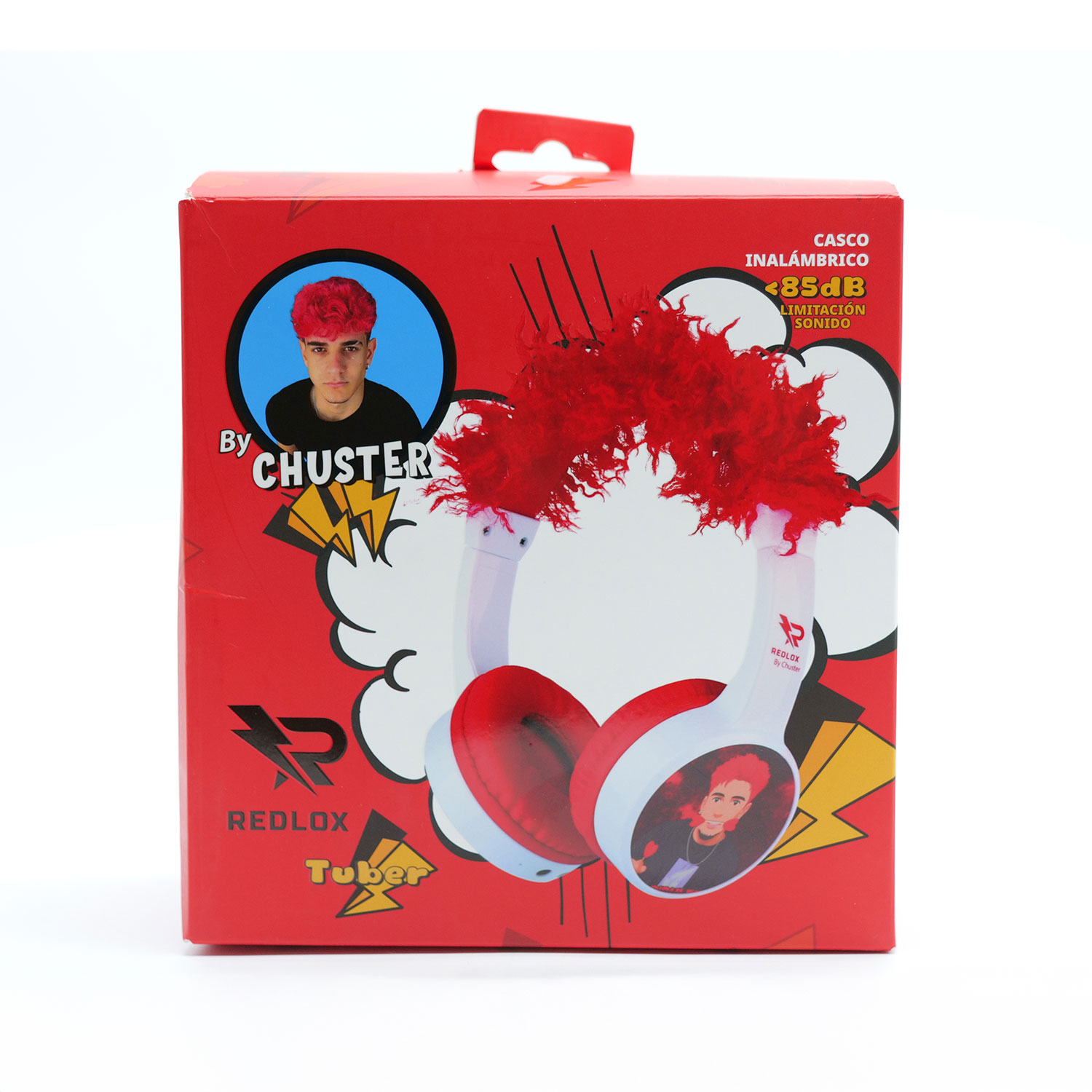 Cuffie rosse in una scatola rossa, con una persona con i capelli rossi. La scatola dice Redlox e Tuber. Wireless, limite sonoro 85dB.