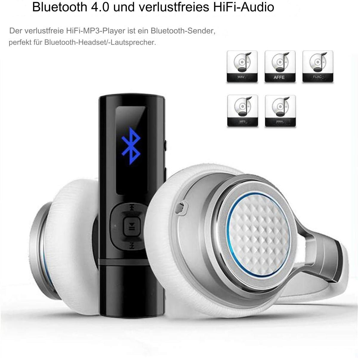Ein schwarzer Bluetooth-Sender mit blauem Logo, weiße Kopfhörer und Symbole für Audioformate sind sichtbar.