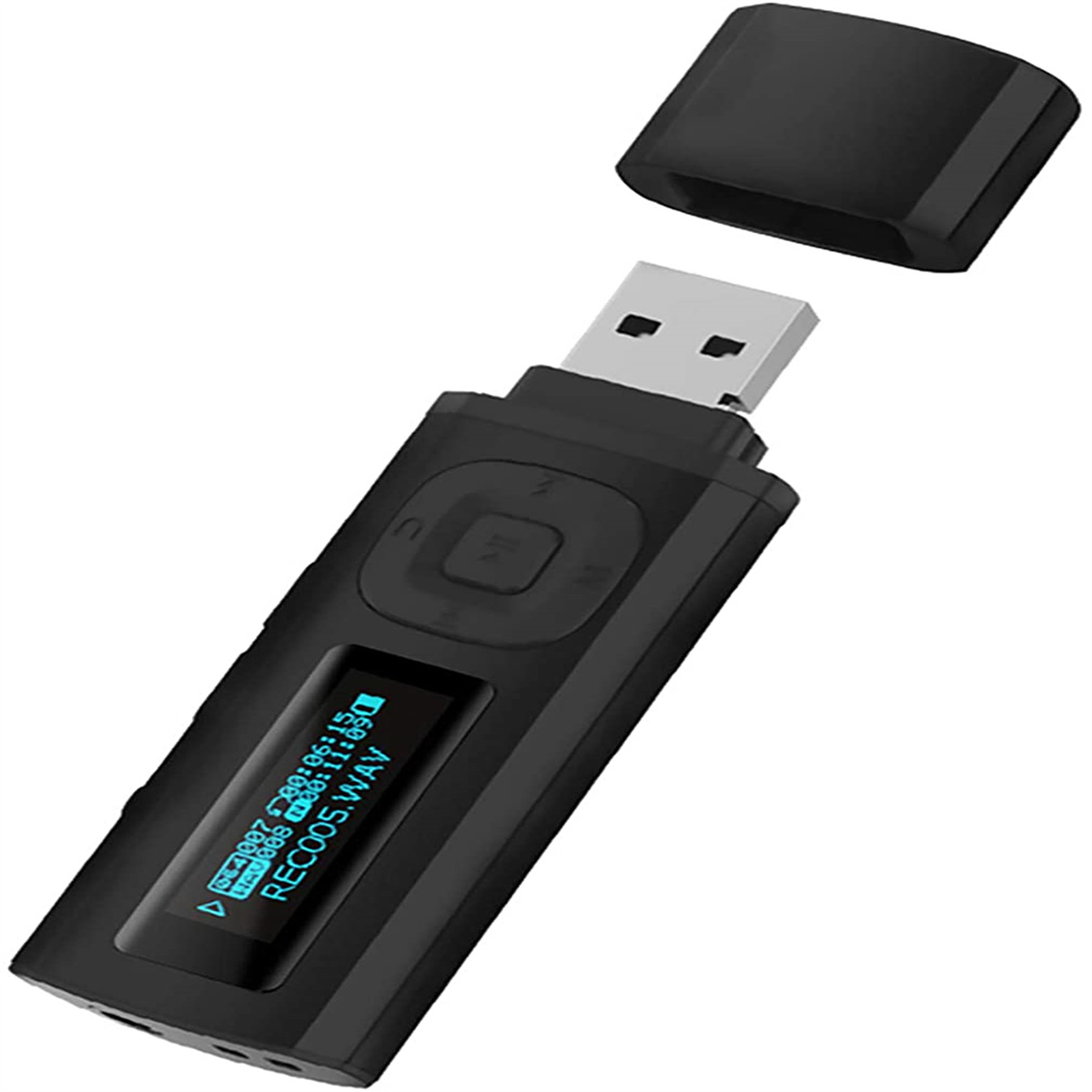 Schwarzer MP3-Player mit Bildschirm, der 'RECO05.WAV' anzeigt. USB-Anschluss ist silber. Die Kappe ist entfernt und über dem Gerät platziert.