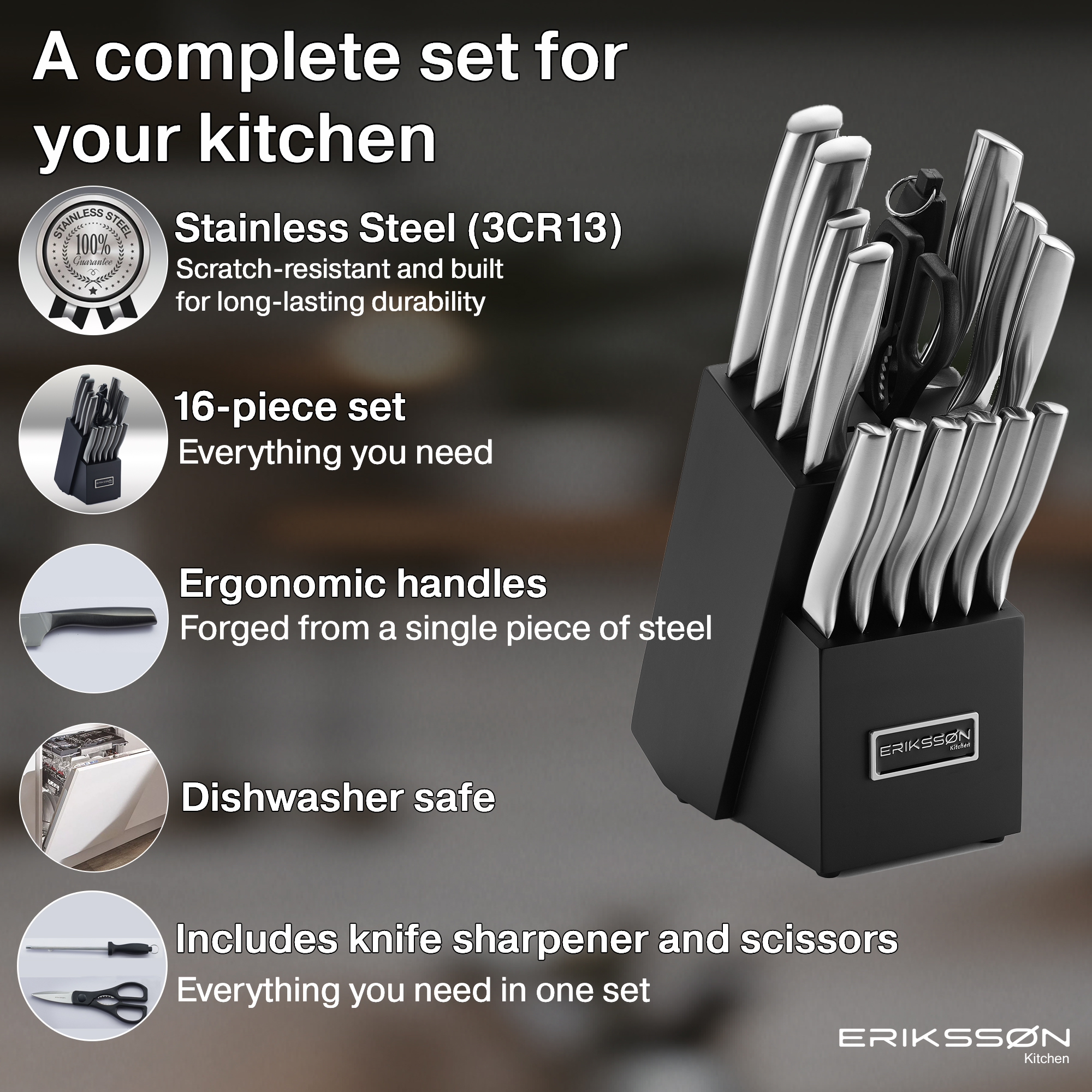 Een complete set keukenmessen in een zwart blok. Inclusief messen, schaar en slijper.