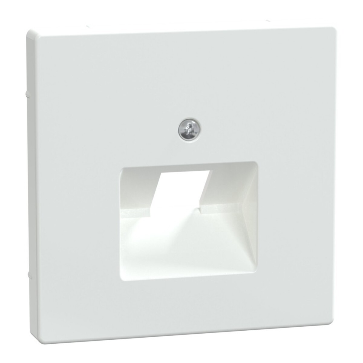 Una placca da muro bianca e quadrata con un'apertura incassata. Una piccola vite fissa la placca. L'apertura è un rettangolo luminoso.