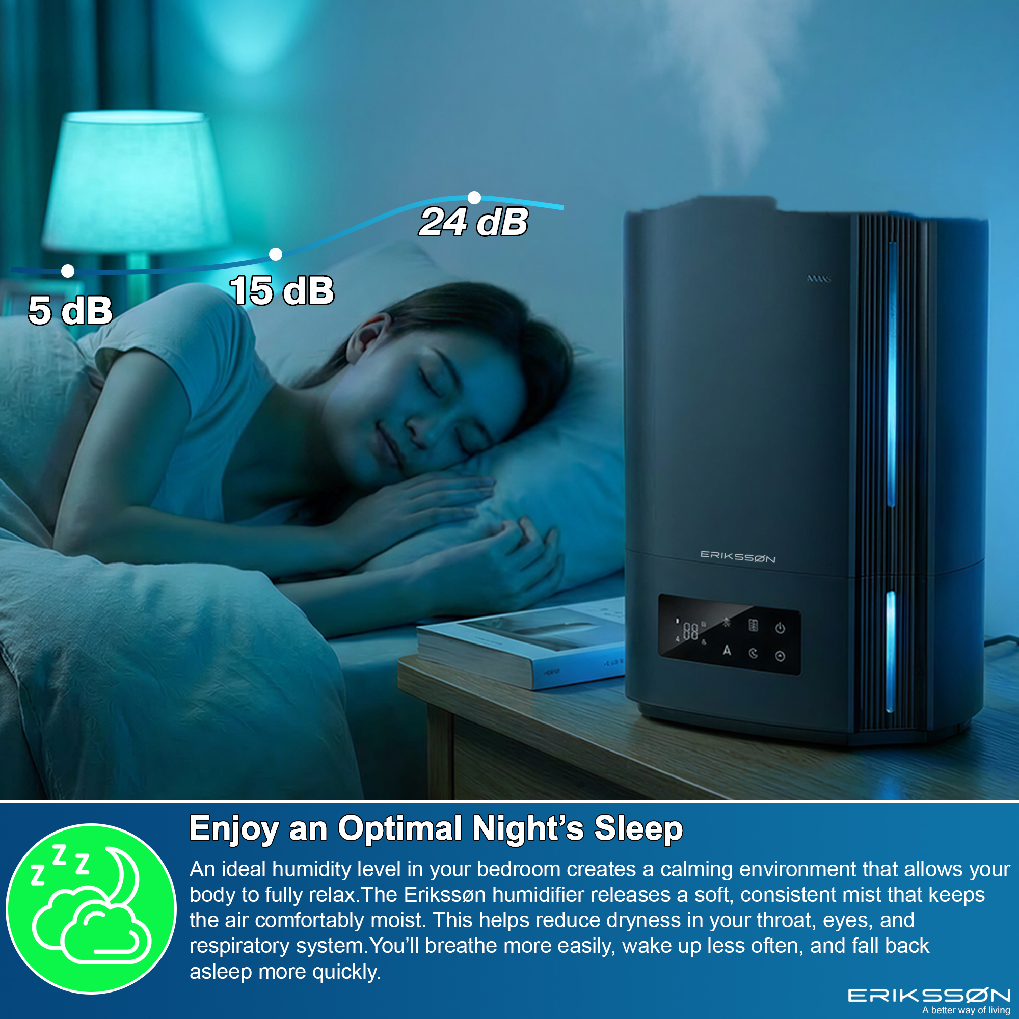 A woman sleeps near a humidifier, with a lamp and book on a nightstand. The scene is blue-toned, promoting sleep.