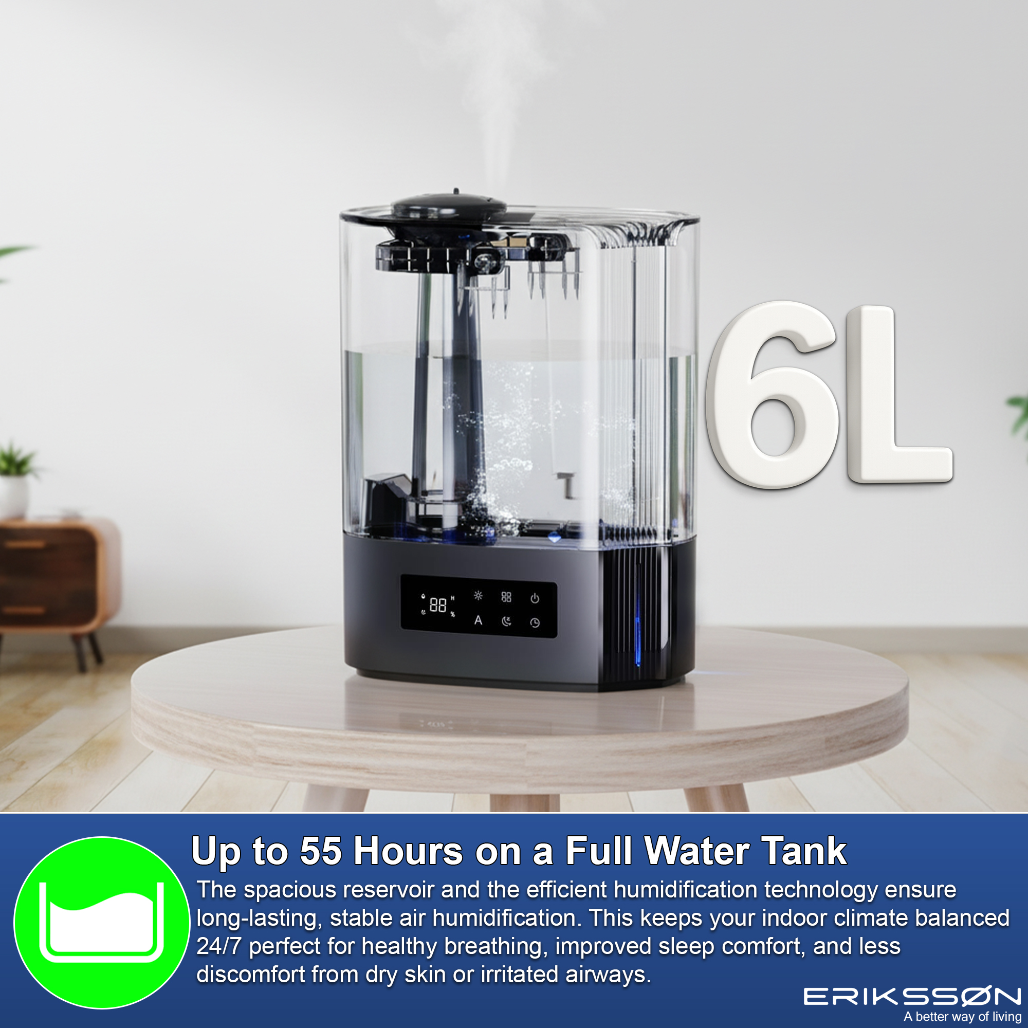 A humidifier on a wooden table. It is transparent and black with steam coming out. The number 6L is on the right.