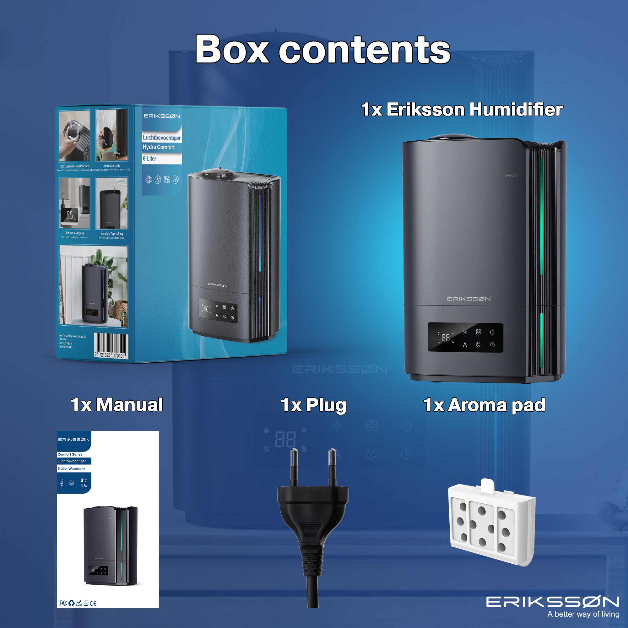 Image shows box contents: humidifier, manual, plug, and aroma pad. The humidifier is black with a digital display.