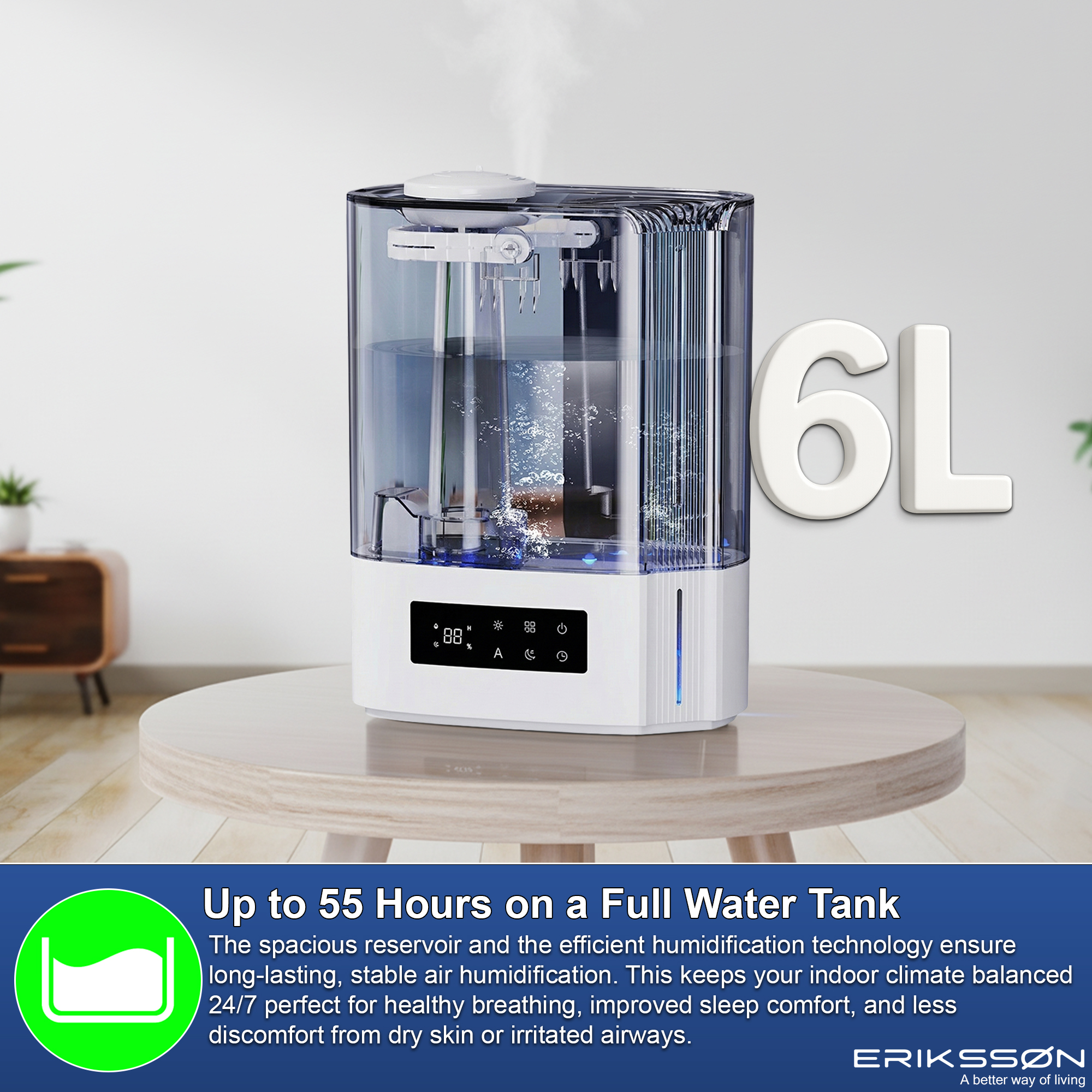 A white and transparent humidifier with digital display, on a wooden table, with the text '6L'.