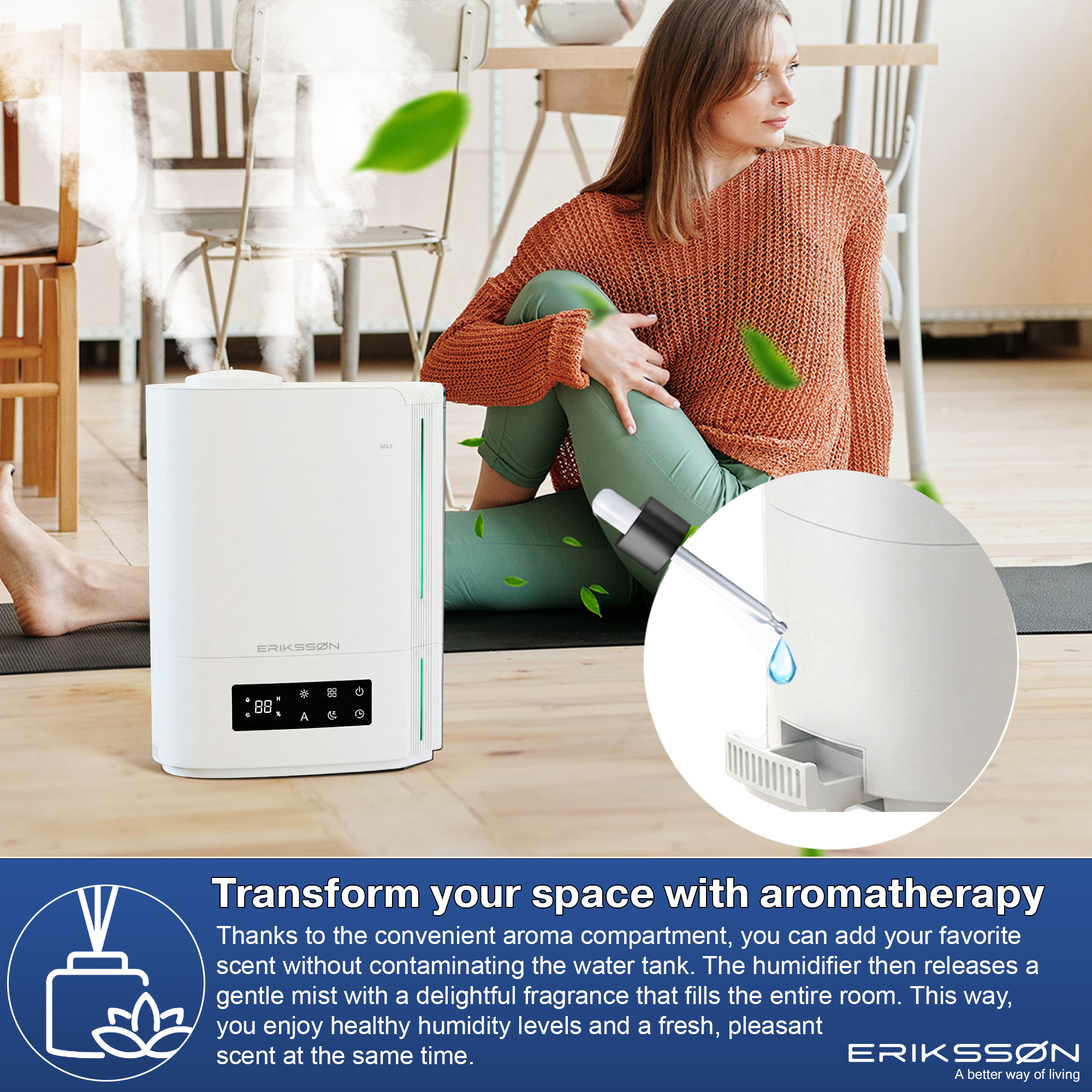 Woman in orange sweater sits near white humidifier. Green leaves float. A dropper dispenses liquid. Chairs and wooden floor.