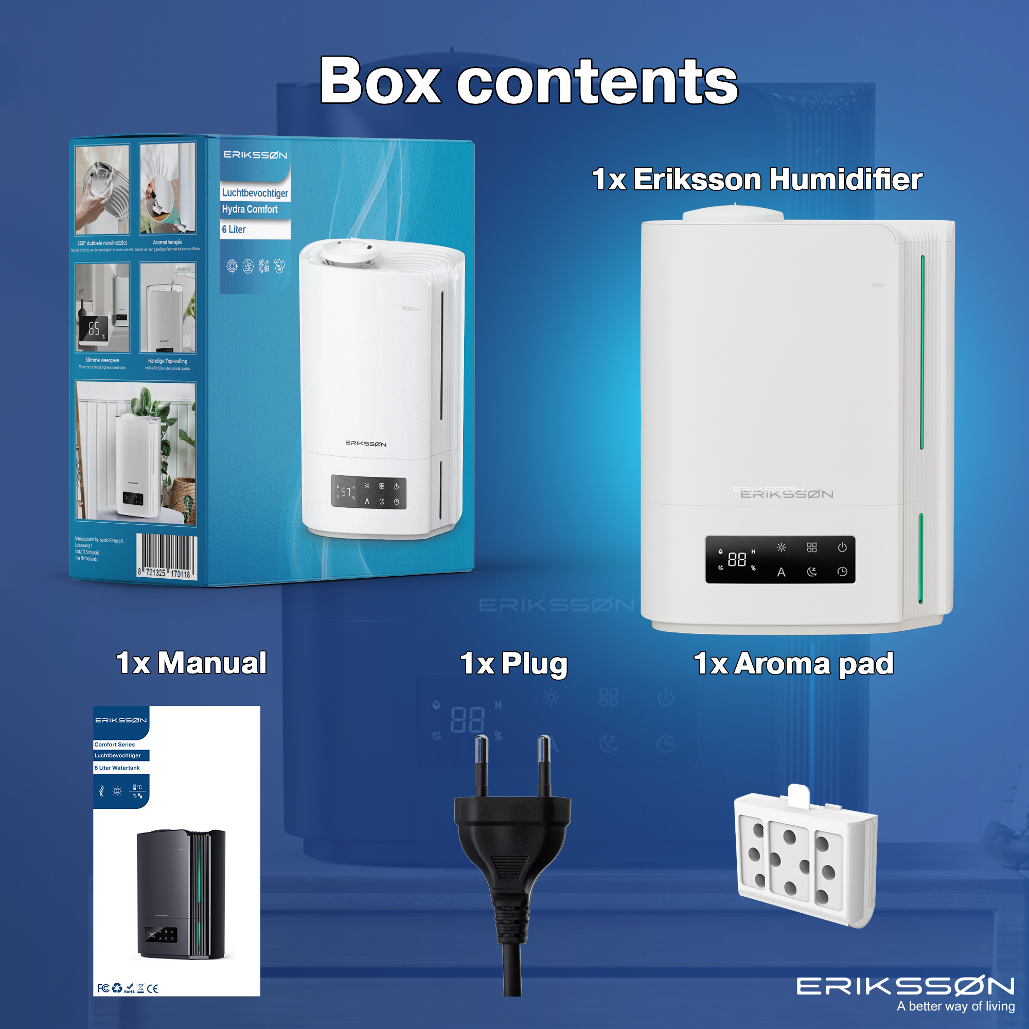 Image shows an Eriksson humidifier box contents: humidifier, manual, plug, and aroma pad. All white and black.