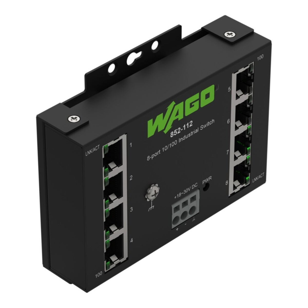 Uno switch industriale WAGO nero a 8 porte, modello 852-112. Dispone di porte, indicatori LED e ingresso di alimentazione.