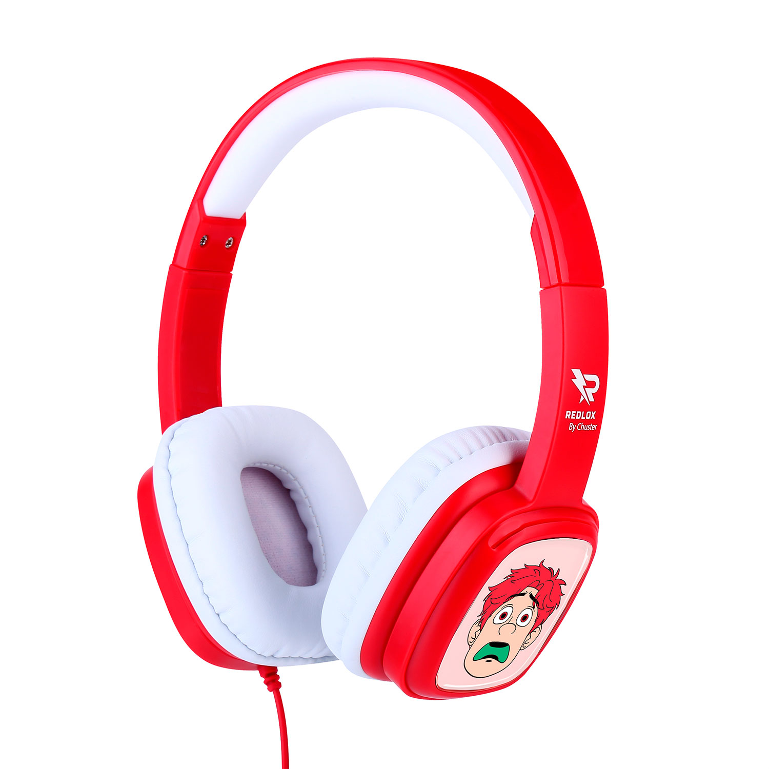 Cuffie rosse e bianche con un volto di cartone animato sul lato. I padiglioni sono bianchi e l'archetto è rosso.